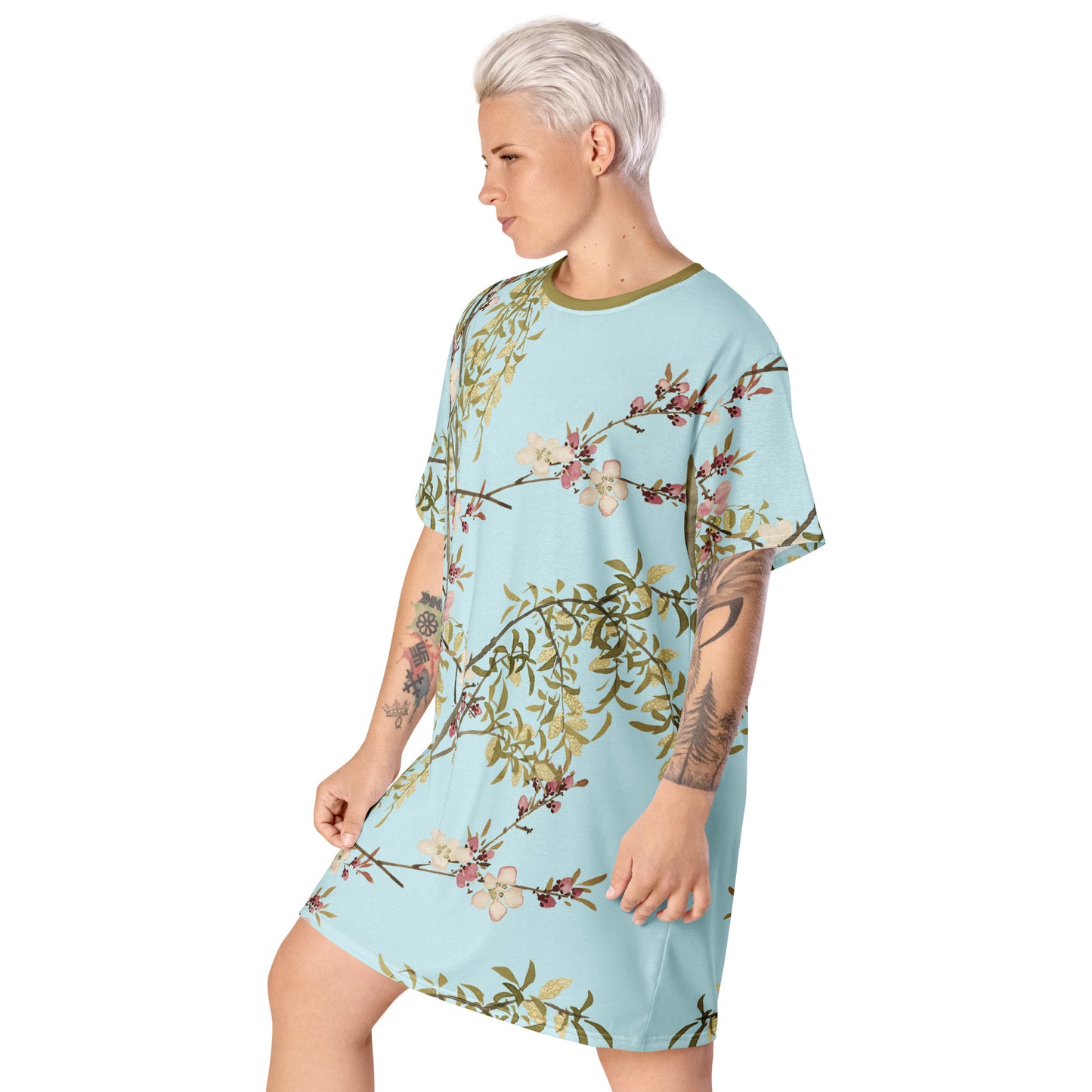 The Spirit of Flowers in Twelve Months｜Willow and Peach Blossom｜T-shirt dress｜Aqua blue