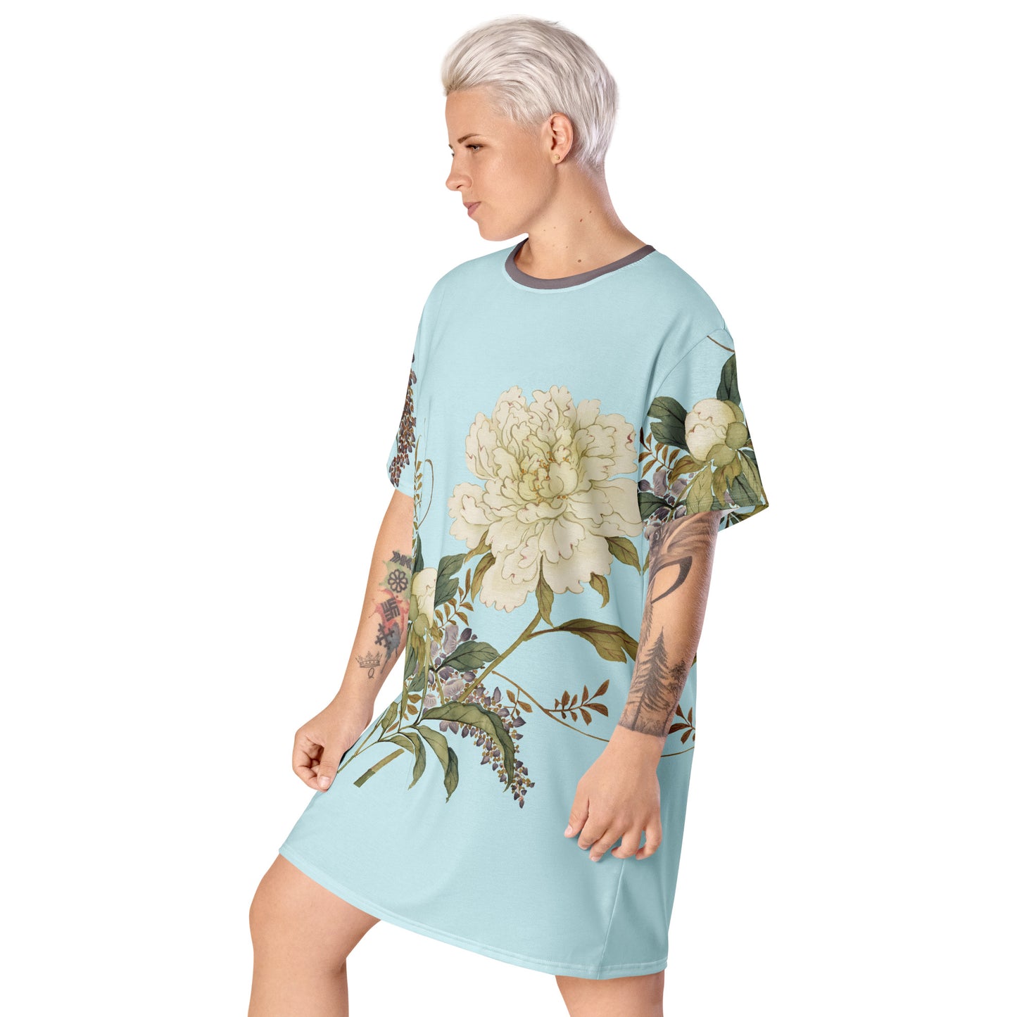 The Spirit of Flowers in Twelve Months｜Chinese Peony and Wisteria in Bloom｜T-shirt dress｜Aqua blue