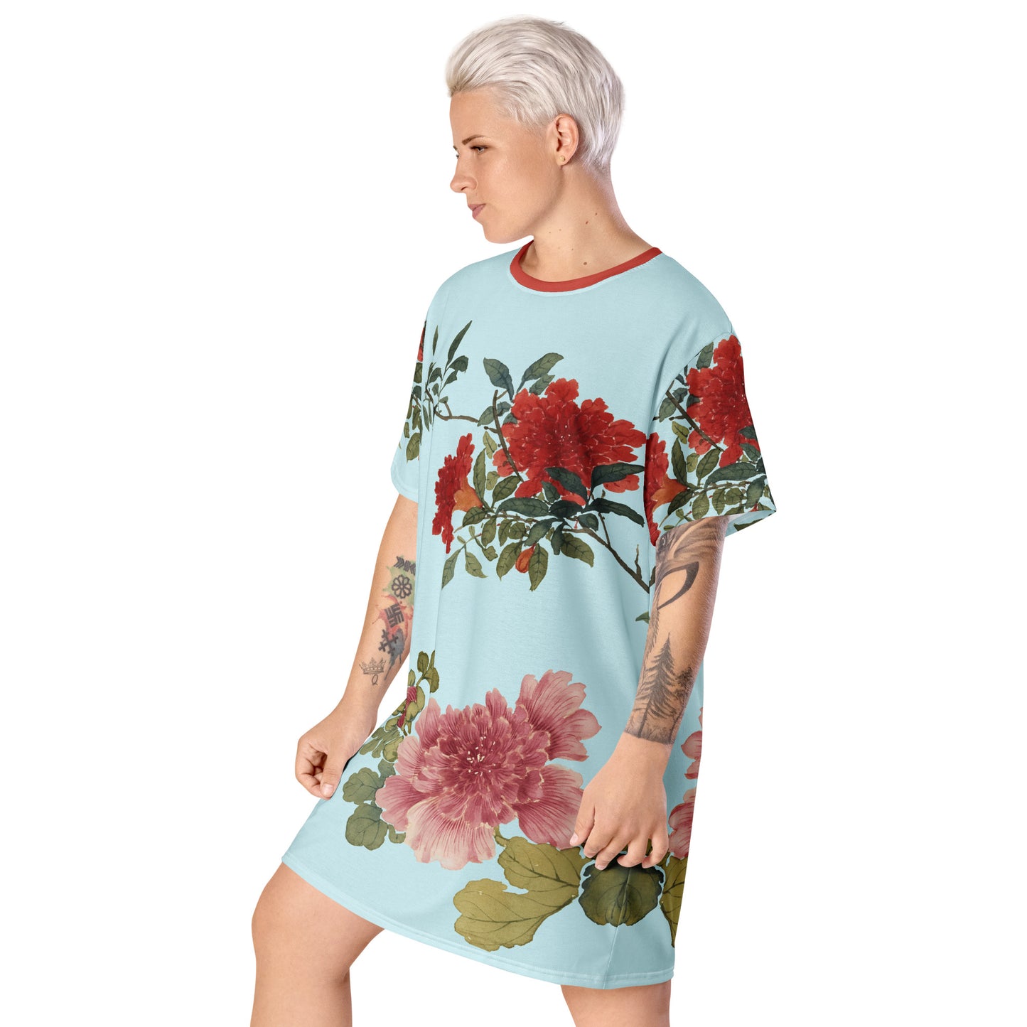 The Spirit of Flowers in Twelve Months｜Hollyhock and Pomegranate in Bloom｜T-shirt dress｜Aqua blue