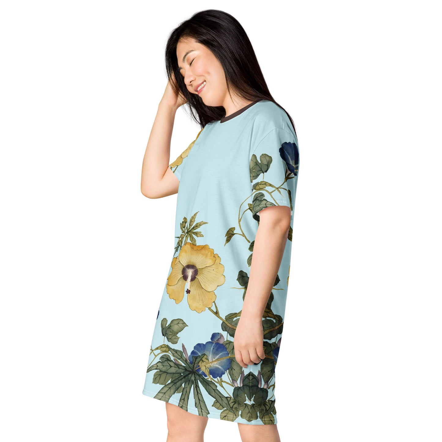 The Spirit of Flowers in Twelve Months｜Okra and White-edged Morning Glory in Bloom｜T-shirt dress｜Aqua blue