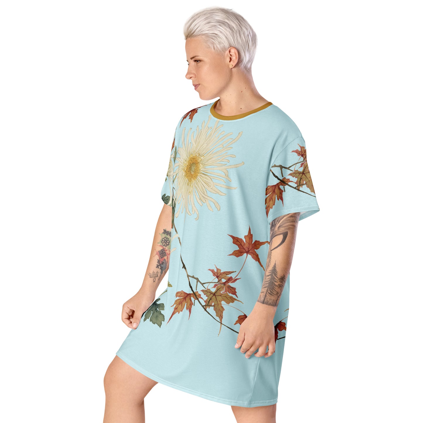 The Spirit of Flowers in Twelve Months｜Blooming Chrysanthemum and Maple Leaves｜T-shirt dress｜Aqua blue