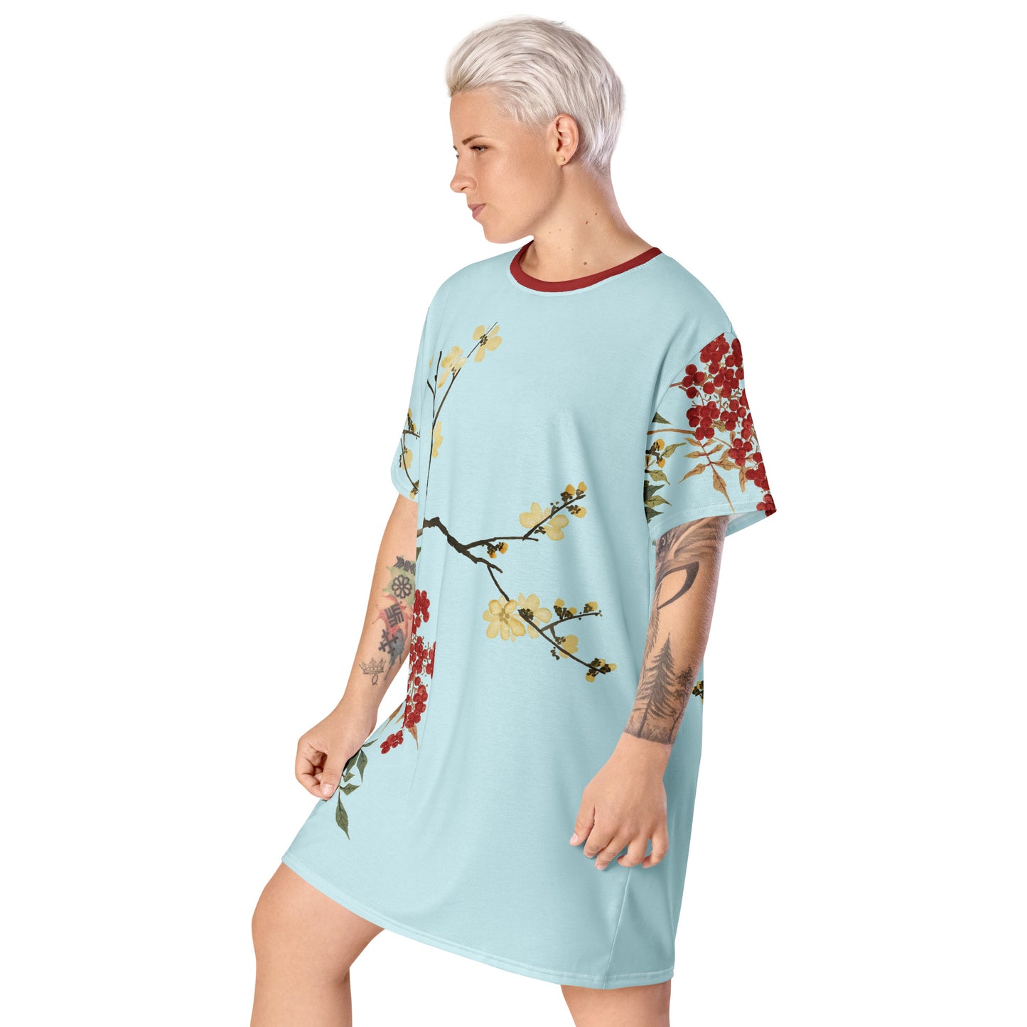 The Spirit of Flowers in Twelve Months｜Blooming Wintersweet and Heavenly Bamboo｜T-shirt dress｜Aqua blue