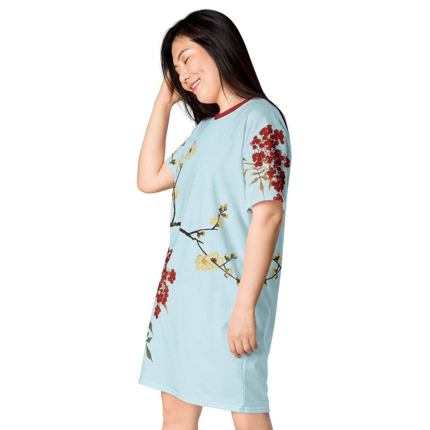 The Spirit of Flowers in Twelve Months｜Blooming Wintersweet and Heavenly Bamboo｜T-shirt dress｜Aqua blue