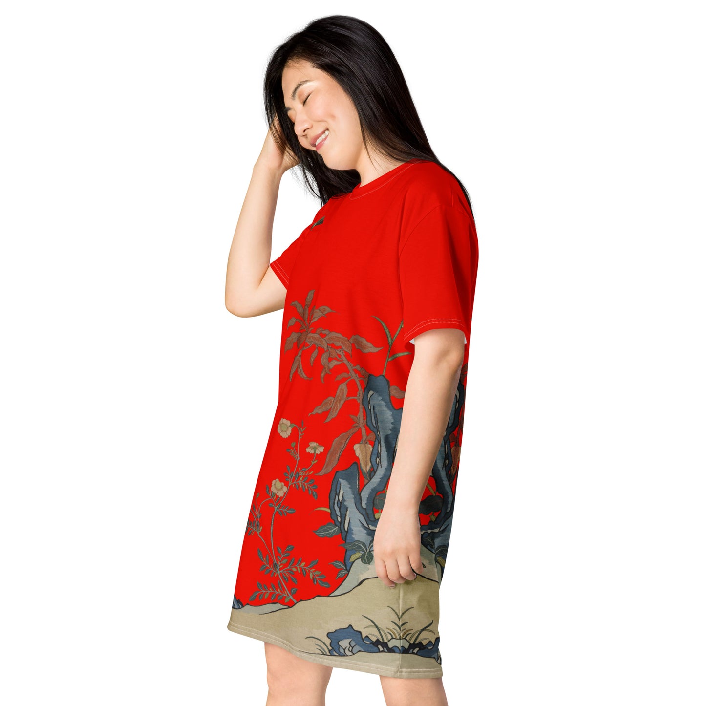 Kesi Flower Album｜Butterflies and Flowers｜T-shirt dress｜Garnet red