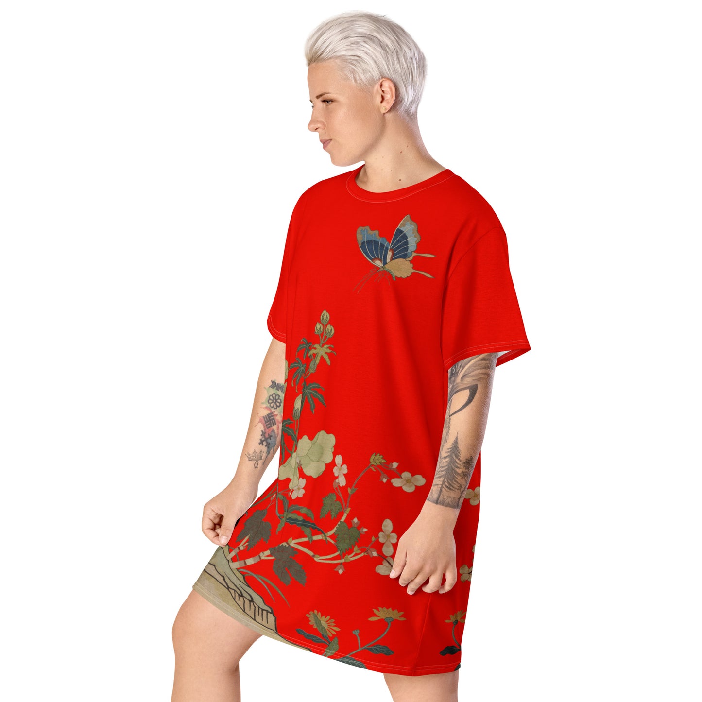 Kesi Flower Album｜Hibiscus and Begonia Blossoms｜T-shirt dress｜Garnet red