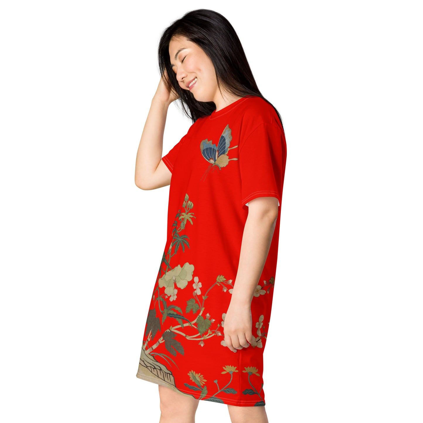 Kesi Flower Album｜Hibiscus and Begonia Blossoms｜T-shirt dress｜Garnet red