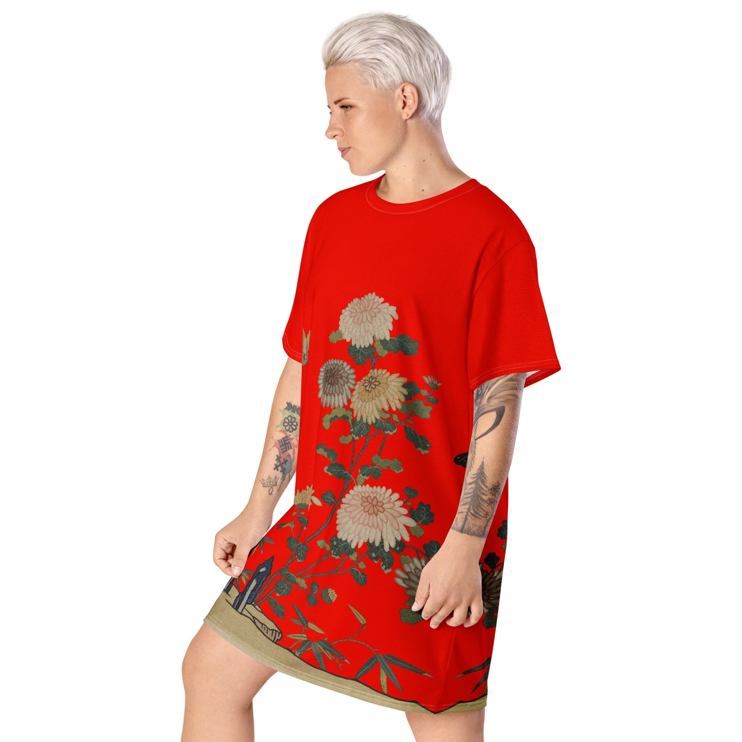 Kesi Flower Album｜Chrysanthemums and Butterflies｜T-shirt dress｜Garnet red