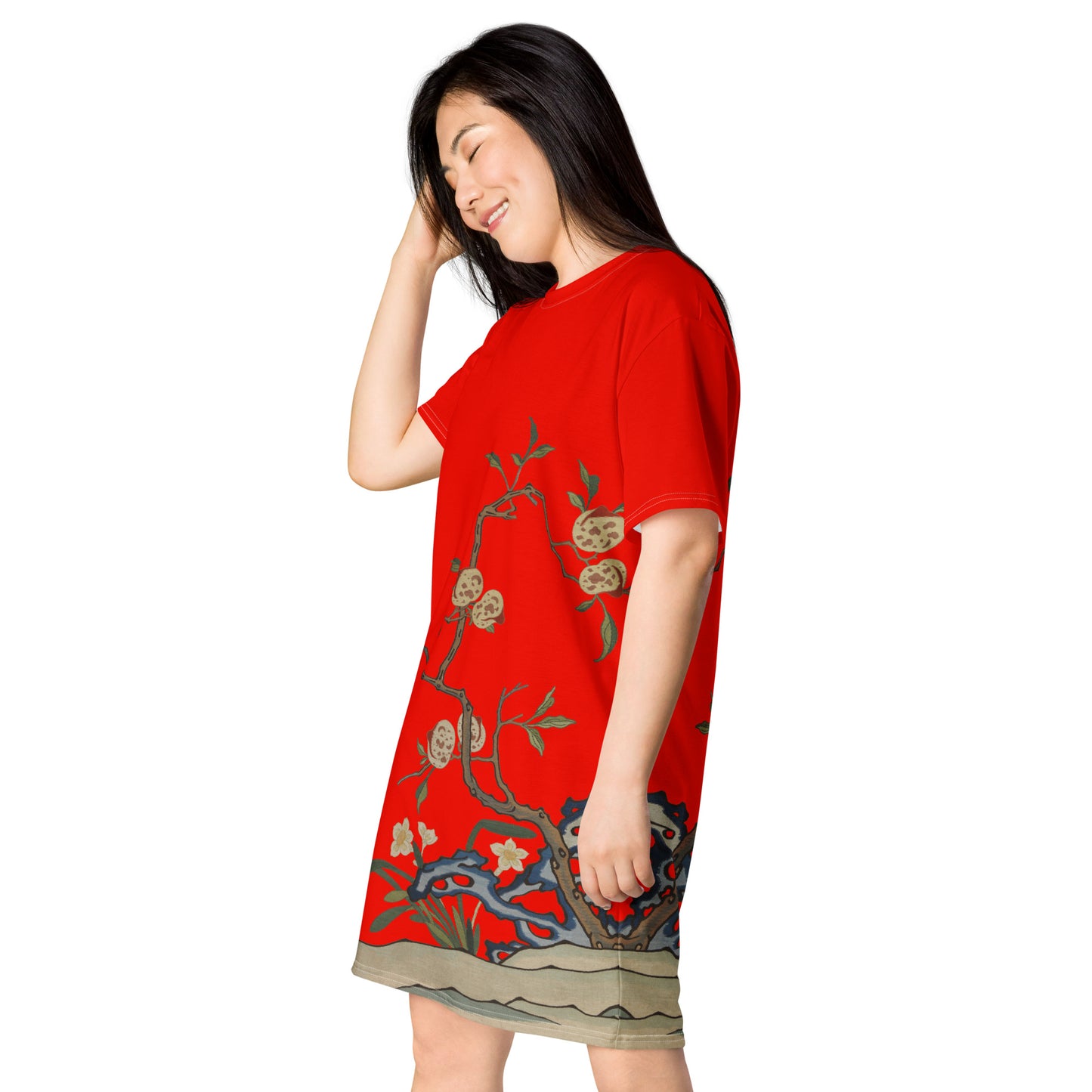 Kesi Flower Album｜Narcissus and Peaches｜T-shirt dress｜Garnet red