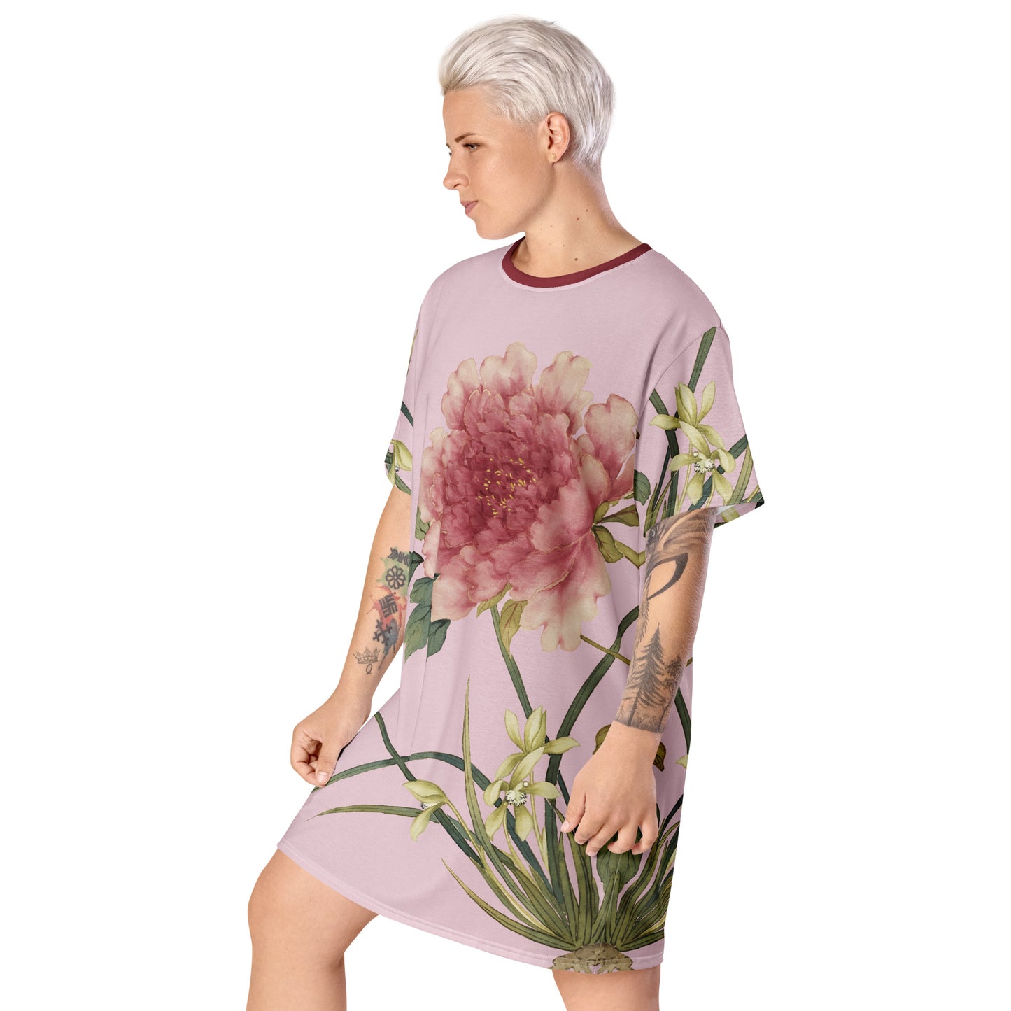 12月の花神様｜Orchid and Tree Peony in Bloom｜Tシャツワンピース｜Pale pinkish gray