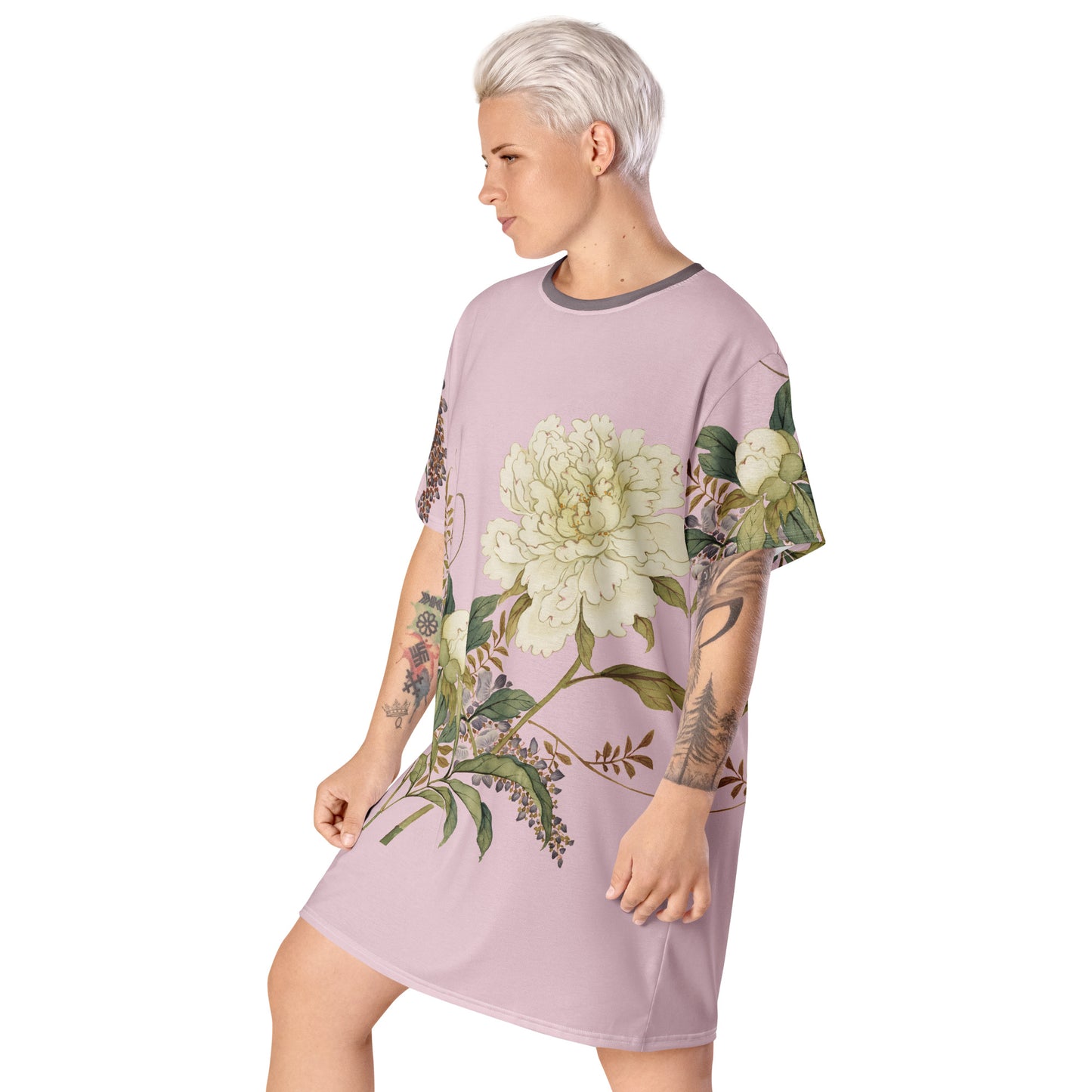 The Spirit of Flowers in Twelve Months｜Chinese Peony and Wisteria in Bloom｜T-shirt dress｜Pale pinkish gray