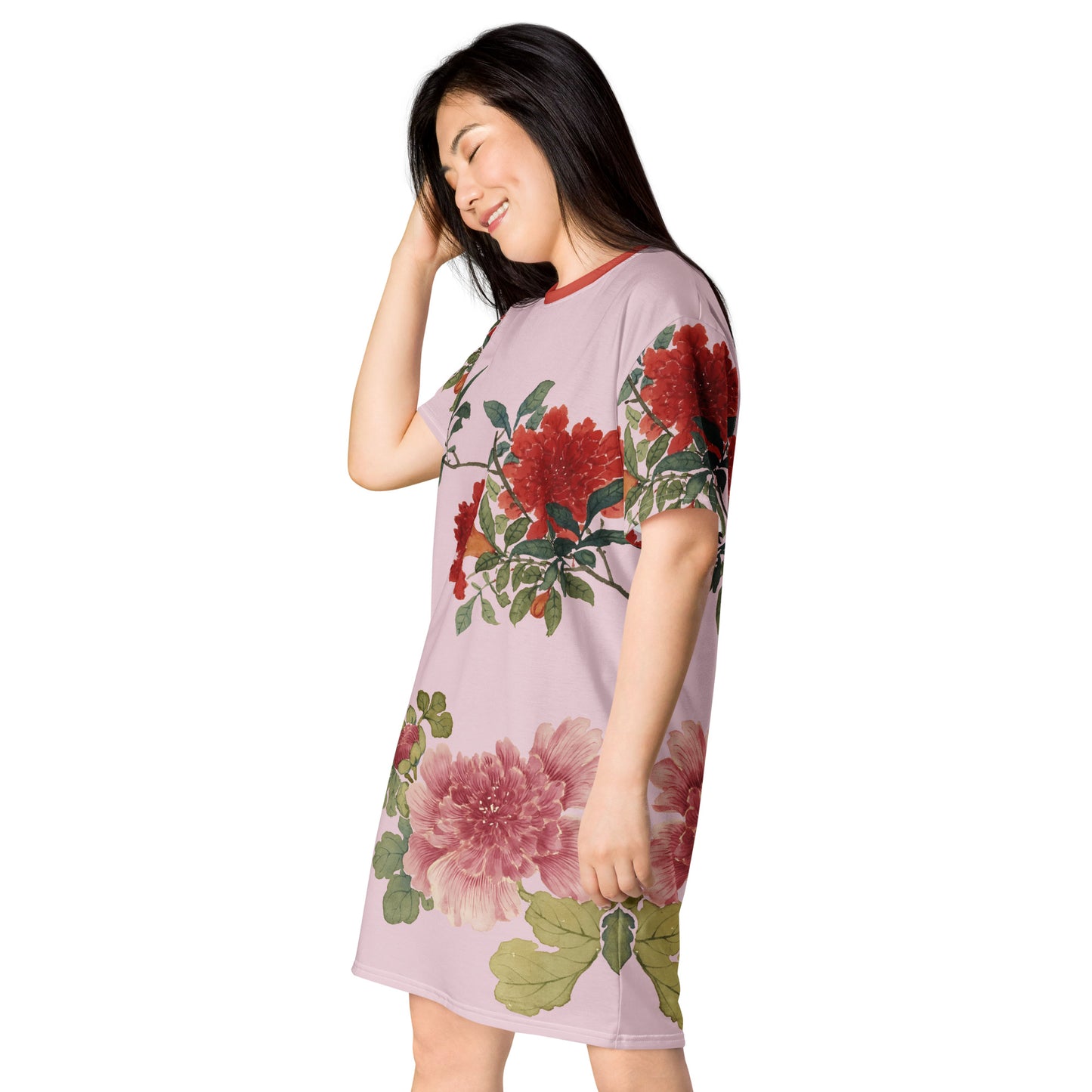 The Spirit of Flowers in Twelve Months｜Hollyhock and Pomegranate in Bloom｜T-shirt dress｜Pale pinkish gray