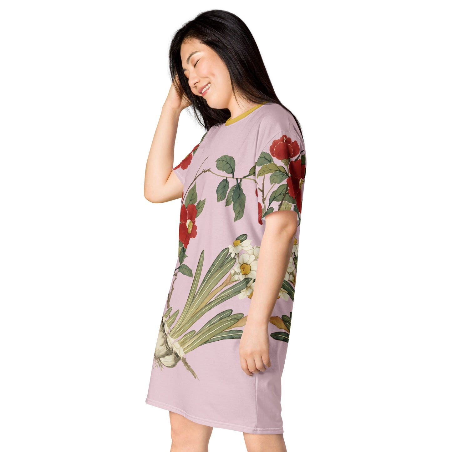 The Spirit of Flowers in Twelve Months｜Narcissus and Camelia in Bloom｜T-shirt dress｜Pale pinkish gray