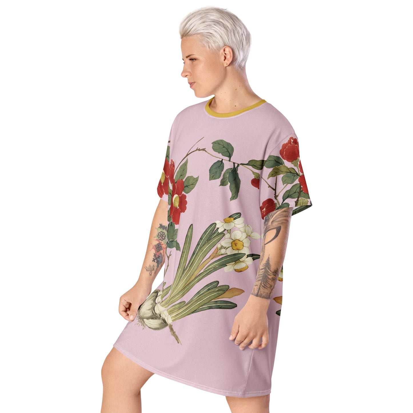 The Spirit of Flowers in Twelve Months｜Narcissus and Camelia in Bloom｜T-shirt dress｜Pale pinkish gray