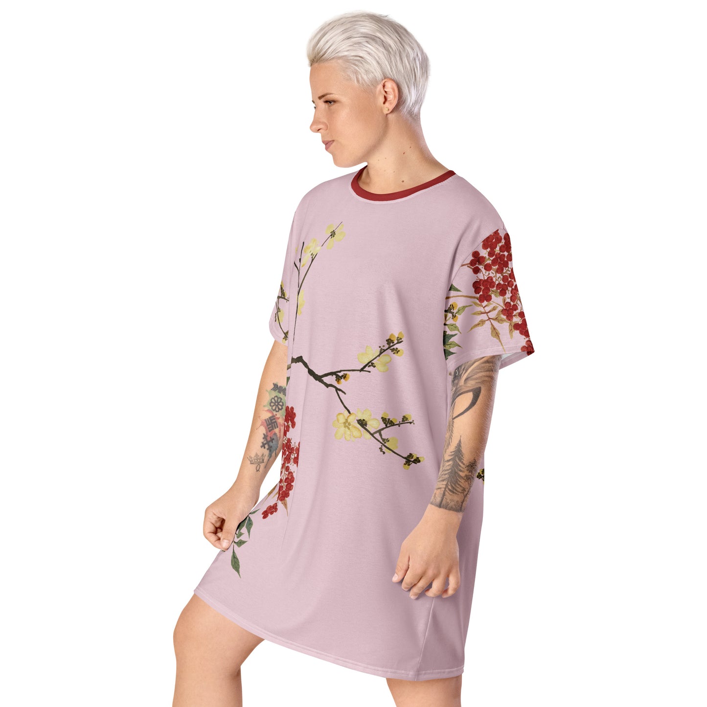 The Spirit of Flowers in Twelve Months｜Blooming Wintersweet and Heavenly Bamboo｜T-shirt dress｜Pale pinkish gray