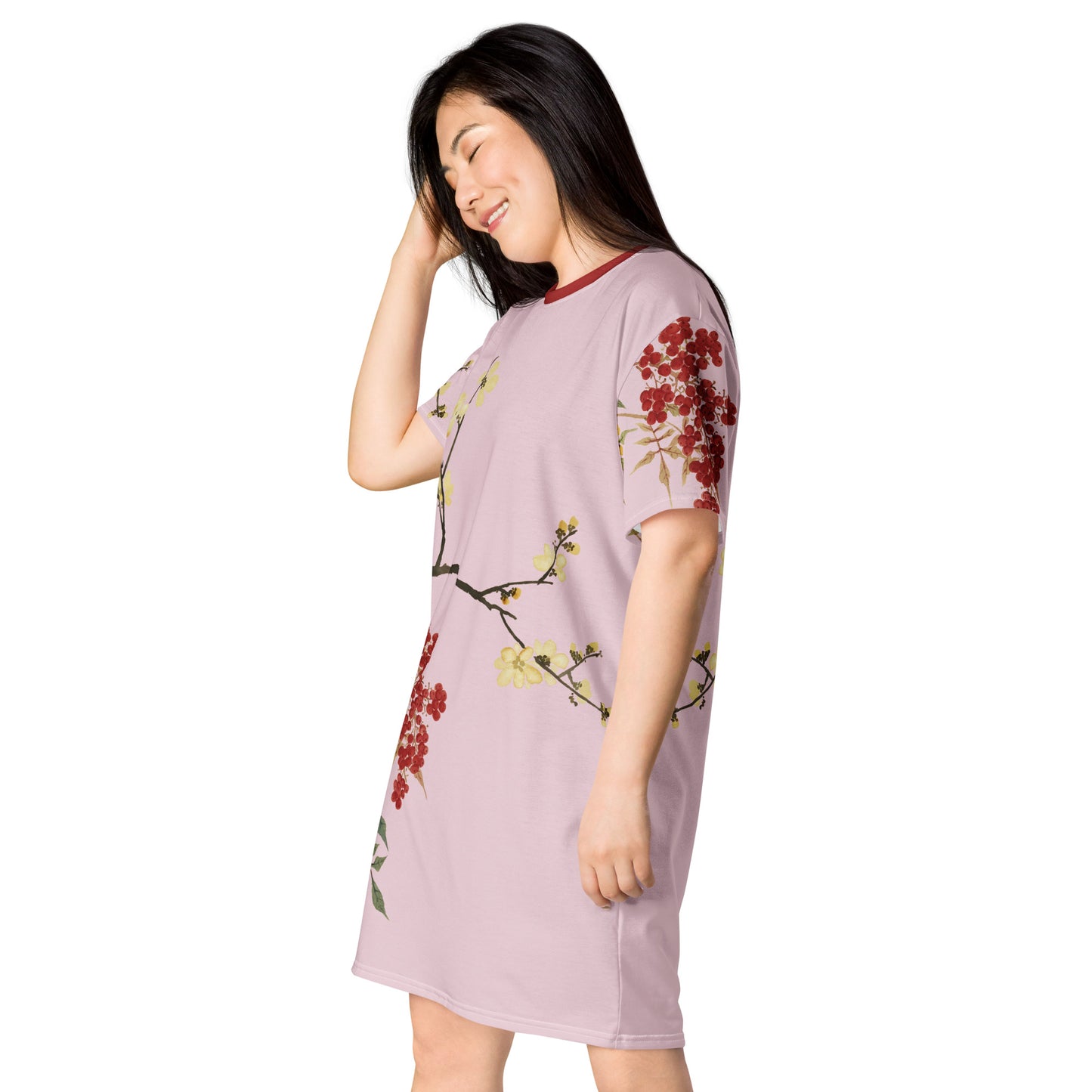 The Spirit of Flowers in Twelve Months｜Blooming Wintersweet and Heavenly Bamboo｜T-shirt dress｜Pale pinkish gray