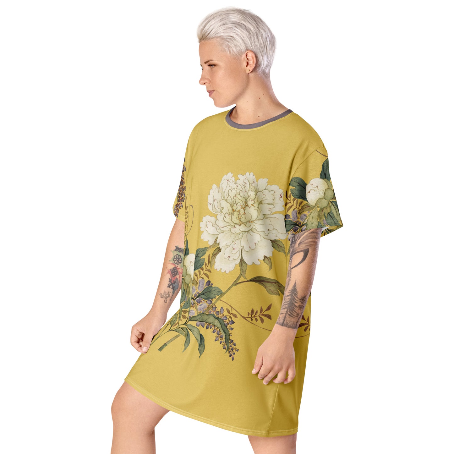 The Spirit of Flowers in Twelve Months｜Chinese Peony and Wisteria in Bloom｜T-shirt dress｜Gold