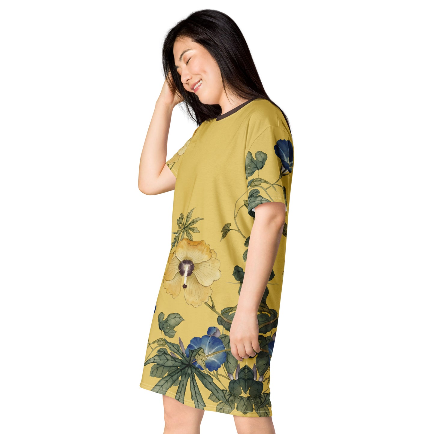 The Spirit of Flowers in Twelve Months｜Okra and White-edged Morning Glory in Bloom｜T-shirt dress｜Gold