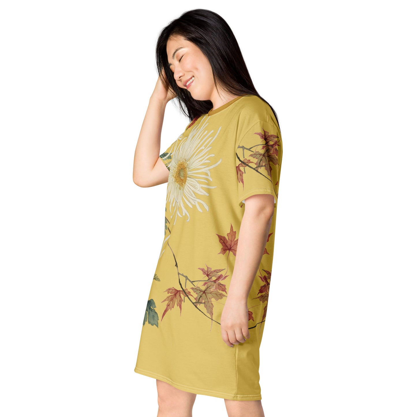 The Spirit of Flowers in Twelve Months｜Blooming Chrysanthemum and Maple Leaves｜T-shirt dress｜Gold