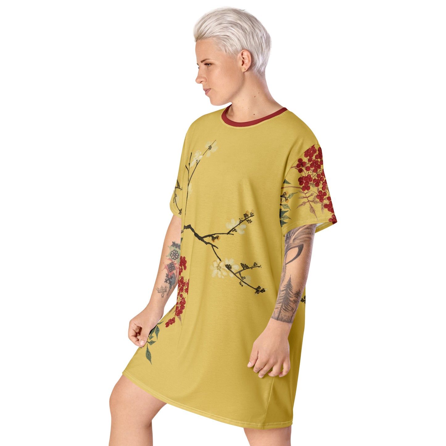 The Spirit of Flowers in Twelve Months｜Blooming Wintersweet and Heavenly Bamboo｜T-shirt dress｜Gold