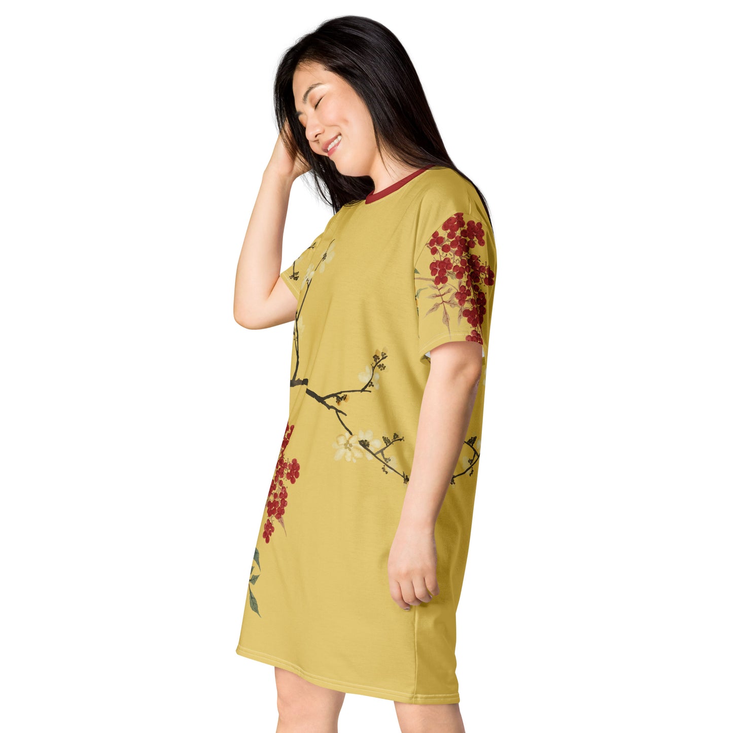 The Spirit of Flowers in Twelve Months｜Blooming Wintersweet and Heavenly Bamboo｜T-shirt dress｜Gold