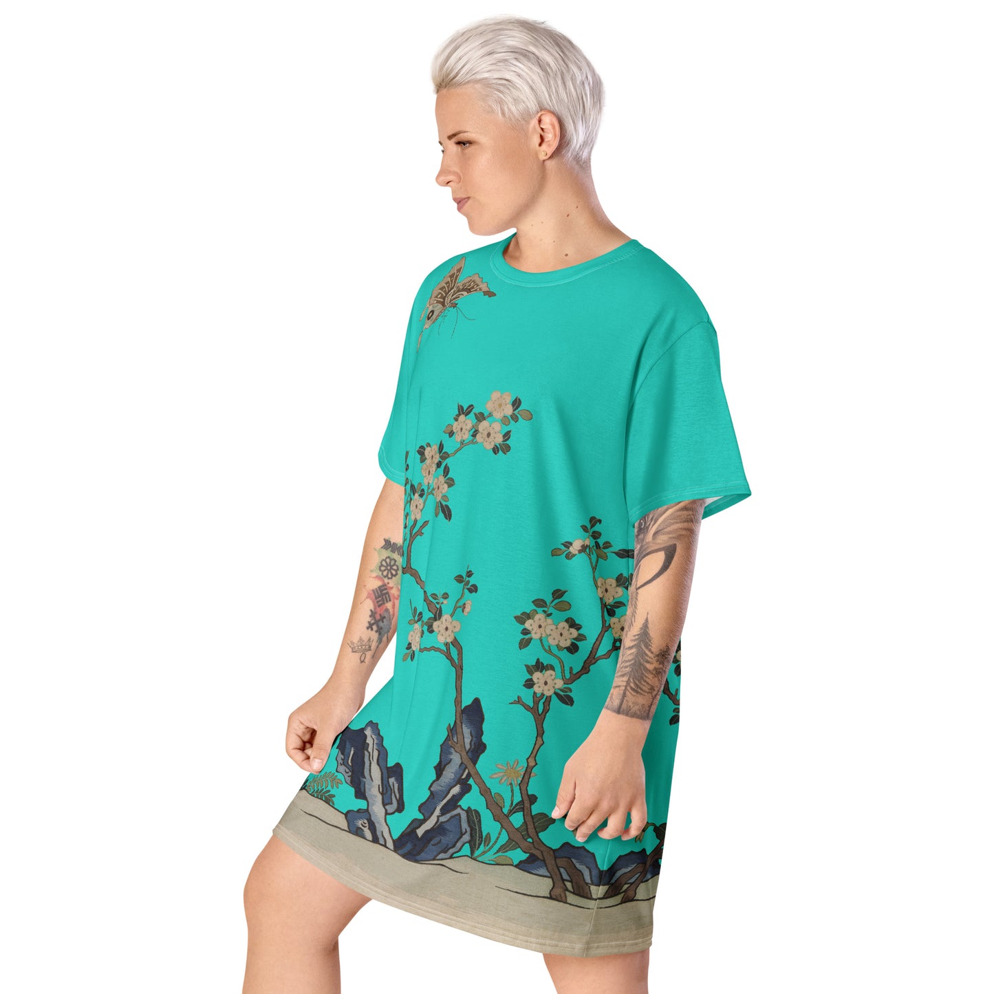 Kesi Flower Album｜White Plum Blossoms and Butterfly｜T-shirt dress｜Turquoise