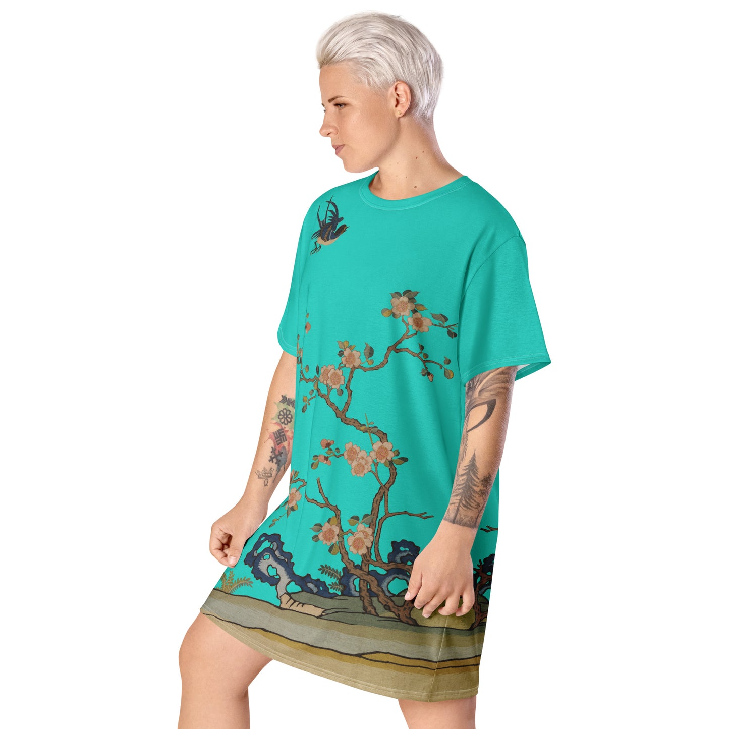 Kesi Flower Album｜Swallow in Flight, Harbinger of Spring｜T-shirt dress｜Turquoise