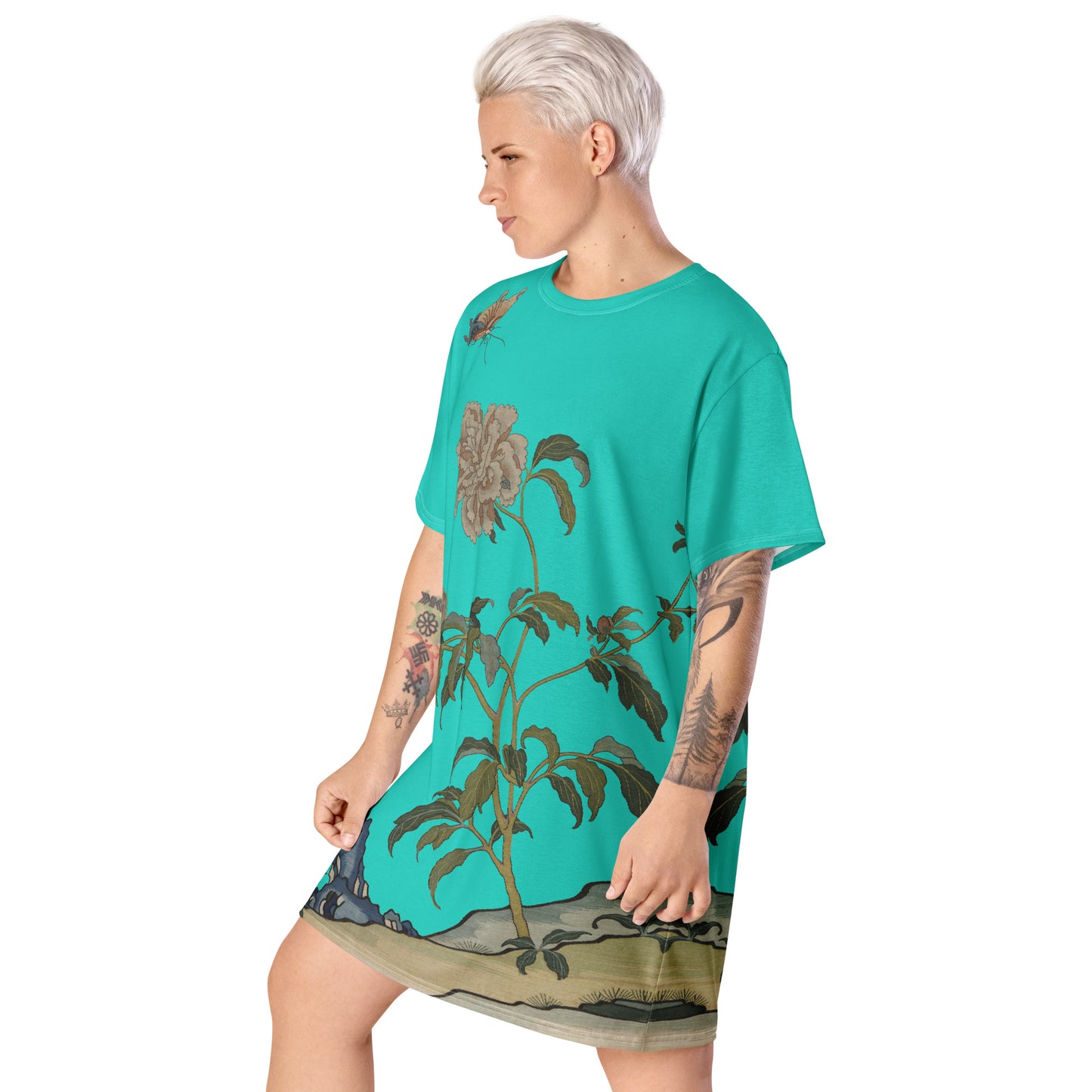 Kesi Flower Album｜Peonies and Butterfly｜T-shirt dress｜Turquoise