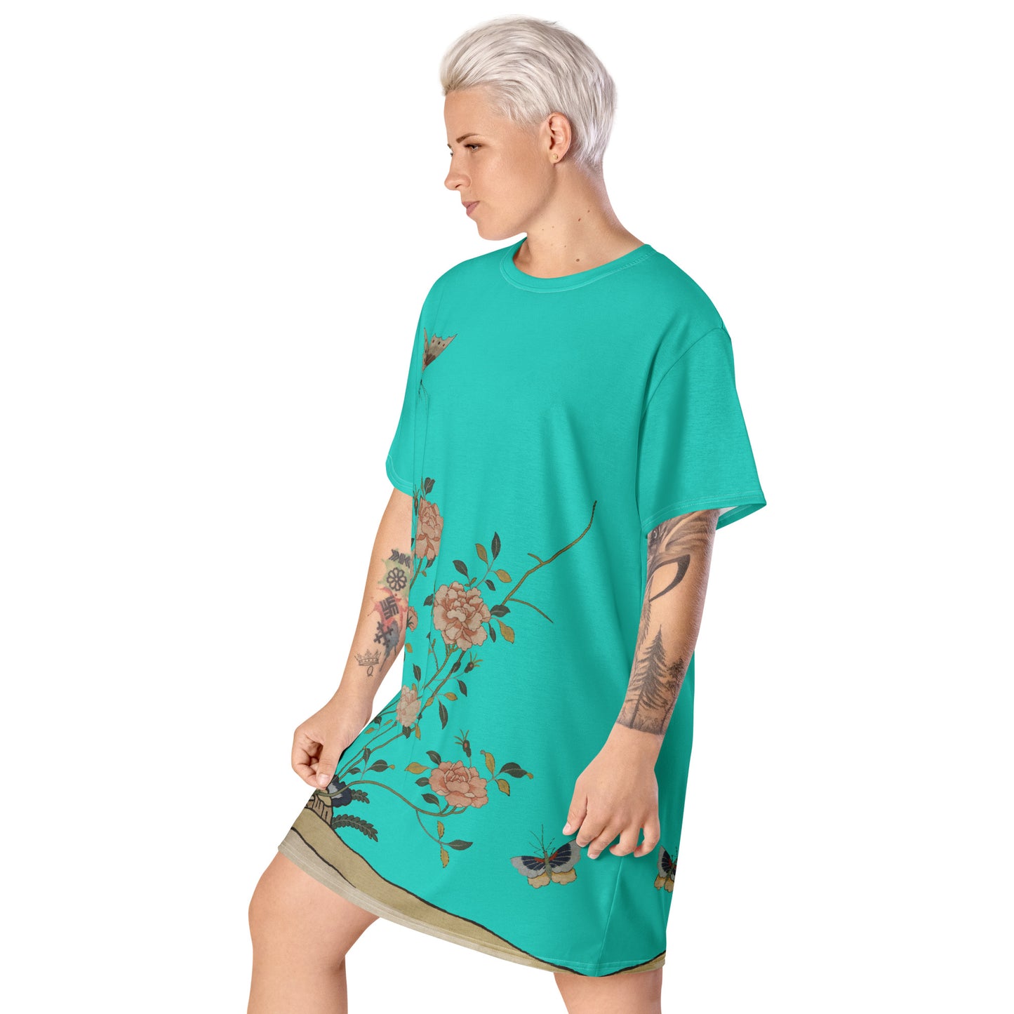 Kesi Flower Album｜Red Roses｜T-shirt dress｜Turquoise