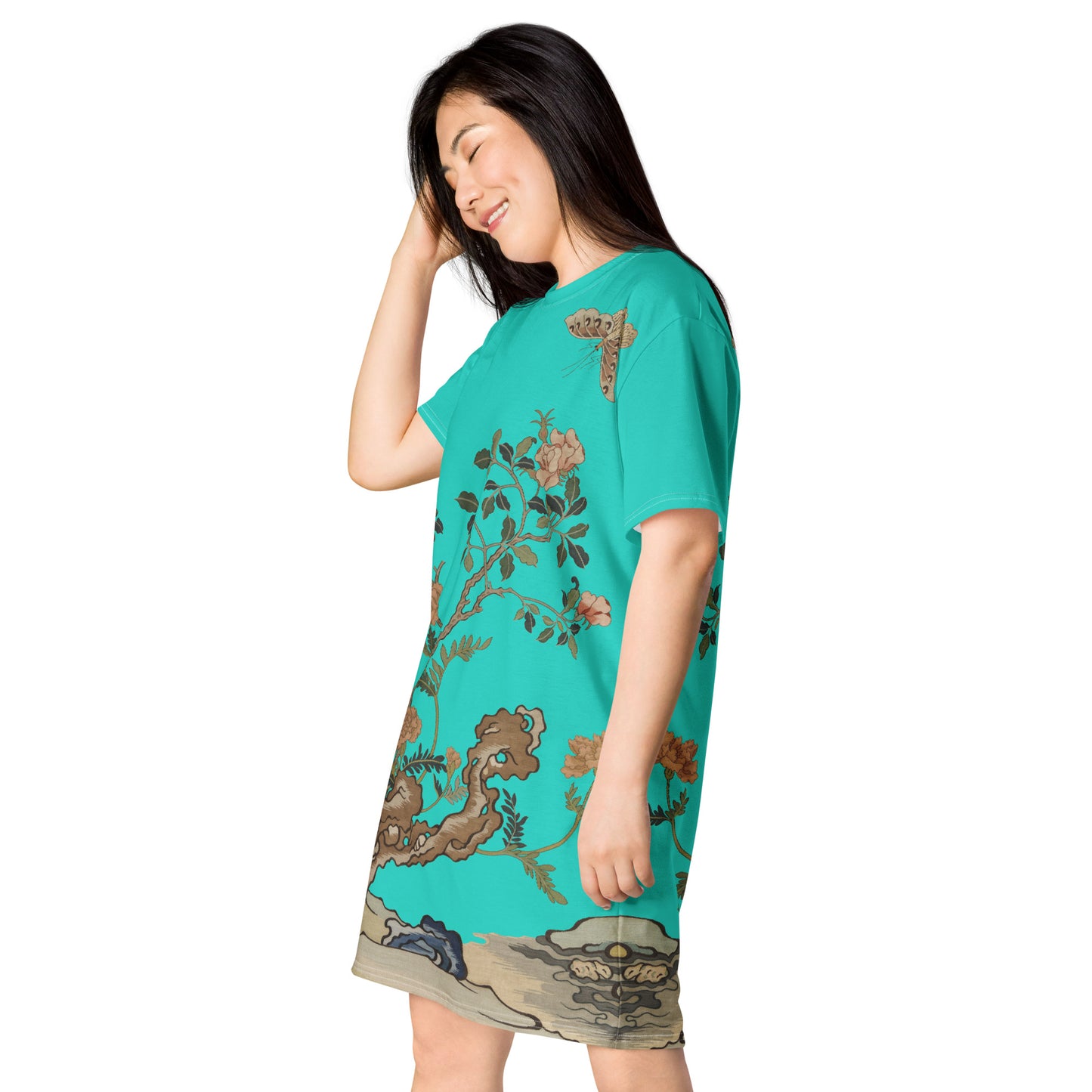 Kesi Flower Album｜Camellia and Butterfly｜T-shirt dress｜Turquoise