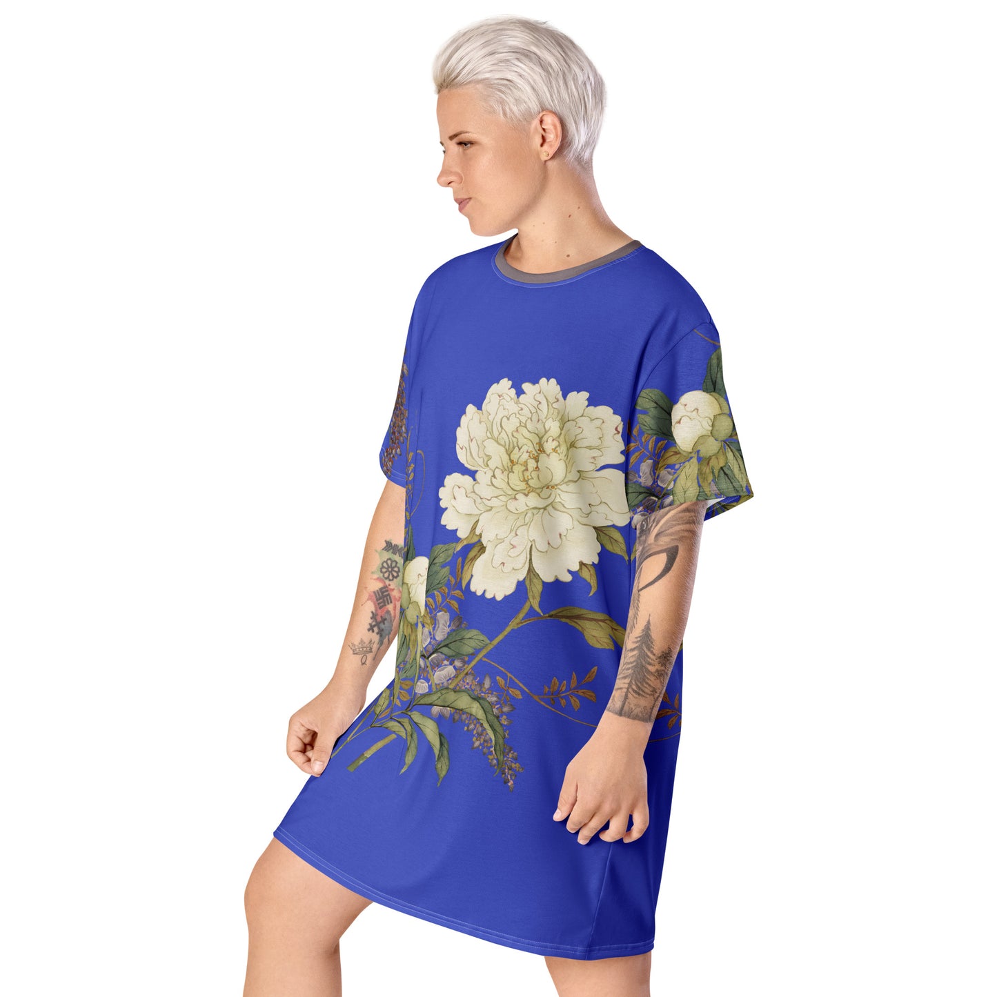 The Spirit of Flowers in Twelve Months｜Chinese Peony and Wisteria in Bloom｜T-shirt dress｜Royal blue