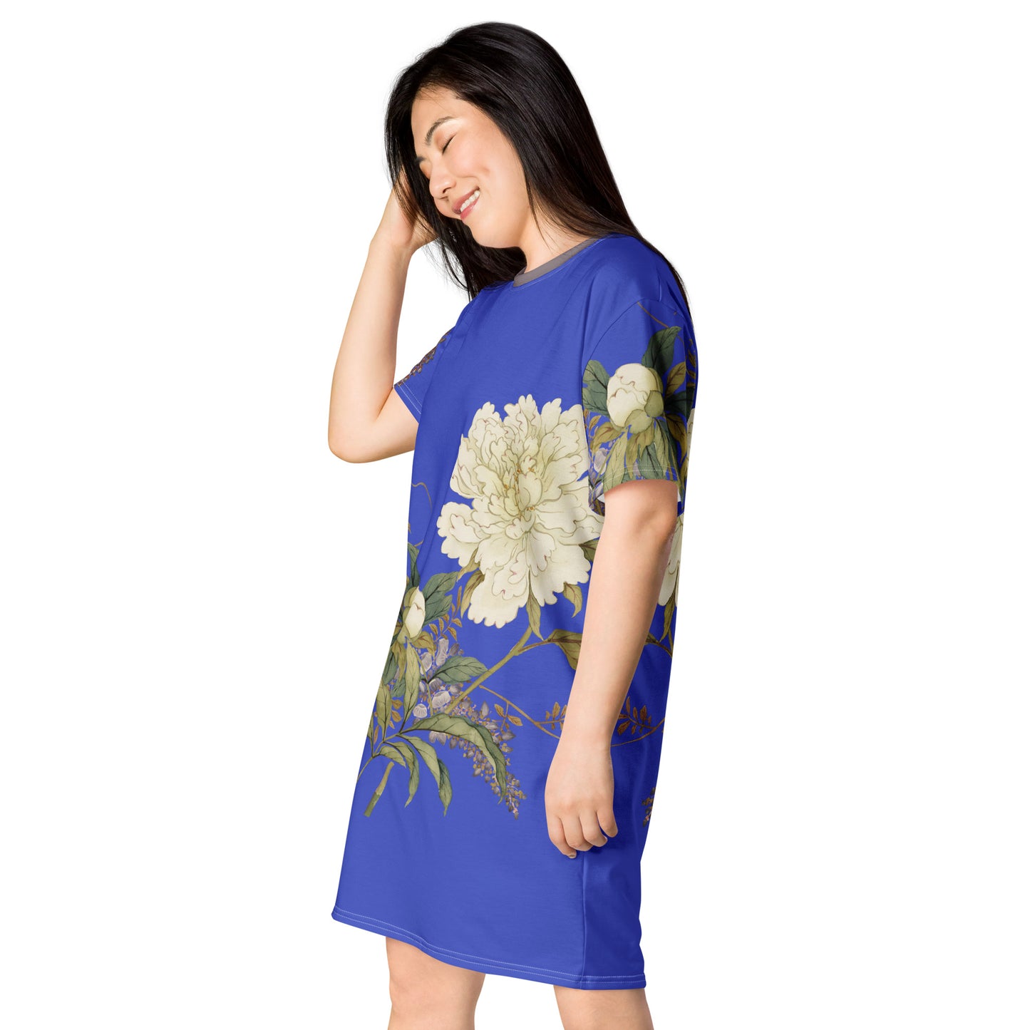 12月の花神様｜Chinese Peony and Wisteria in Bloom｜Tシャツドレス｜ロイヤルブルー