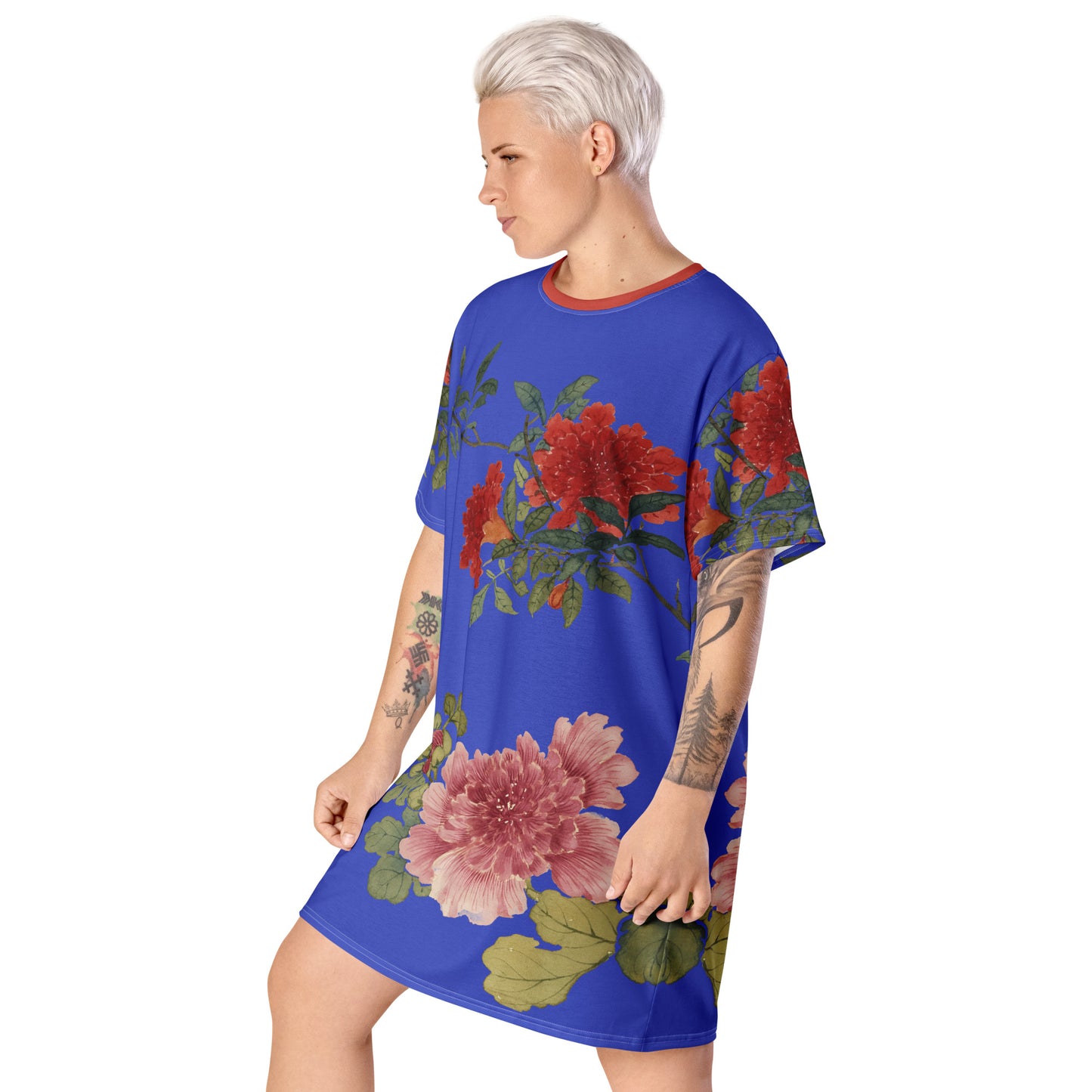 The Spirit of Flowers in Twelve Months｜Hollyhock and Pomegranate in Bloom｜T-shirt dress｜Royal blue