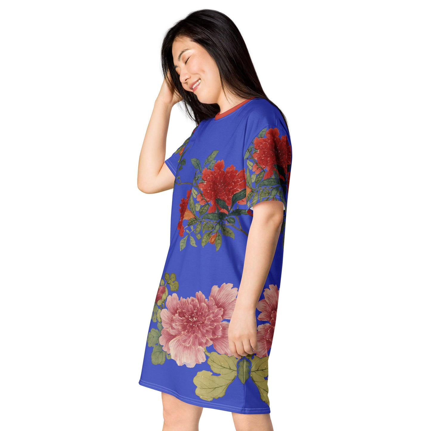 The Spirit of Flowers in Twelve Months｜Hollyhock and Pomegranate in Bloom｜T-shirt dress｜Royal blue