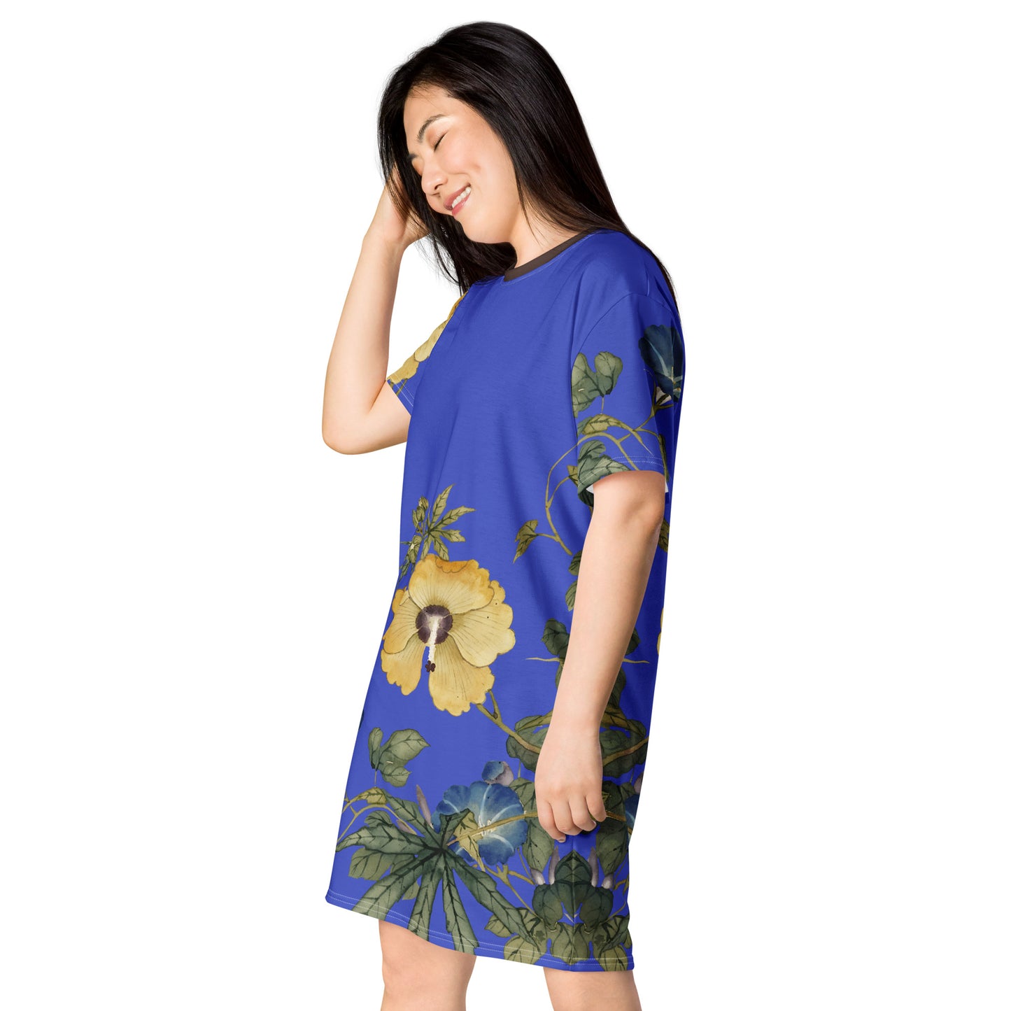 The Spirit of Flowers in Twelve Months｜Okra and White-edged Morning Glory in Bloom｜T-shirt dress｜Royal blue