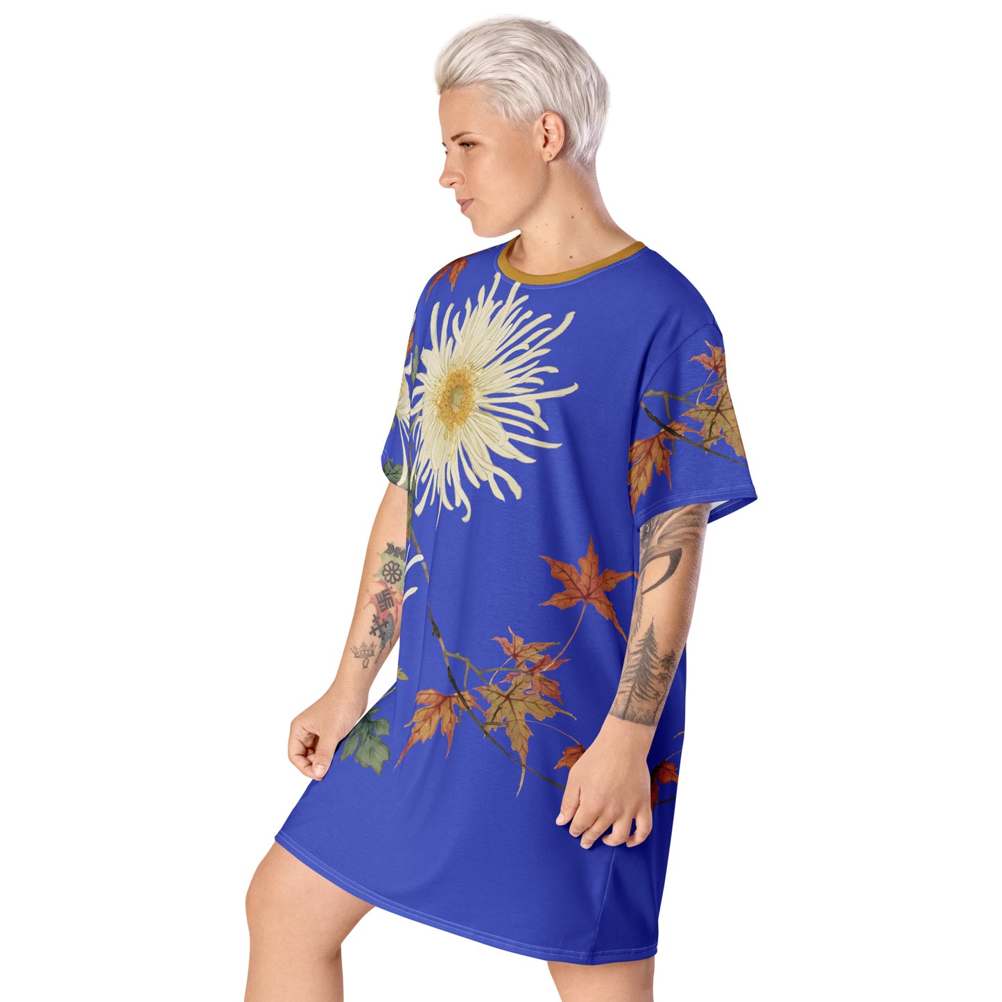 The Spirit of Flowers in Twelve Months｜Blooming Chrysanthemum and Maple Leaves｜T-shirt dress｜Royal blue