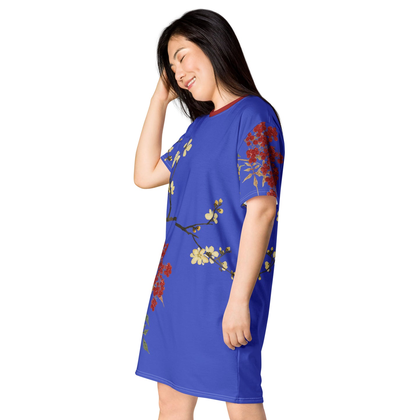 The Spirit of Flowers in Twelve Months｜Blooming Wintersweet and Heavenly Bamboo｜T-shirt dress｜Royal blue