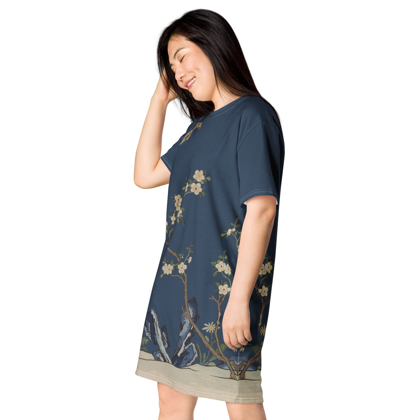 Kesi Flower Album｜White Plum Blossoms and Butterfly｜T-shirt dress｜Dark blue