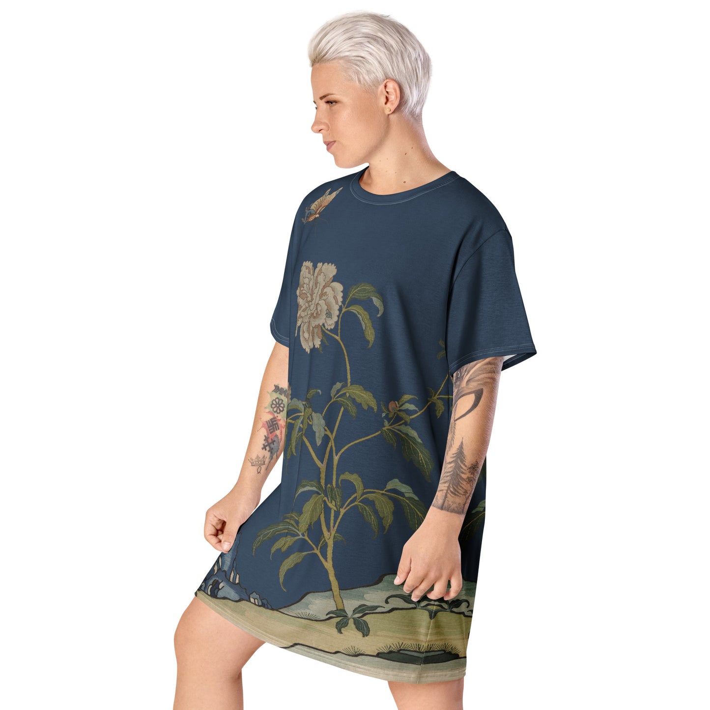 Kesi Flower Album｜Peonies and Butterfly｜T-shirt dress｜Dark blue