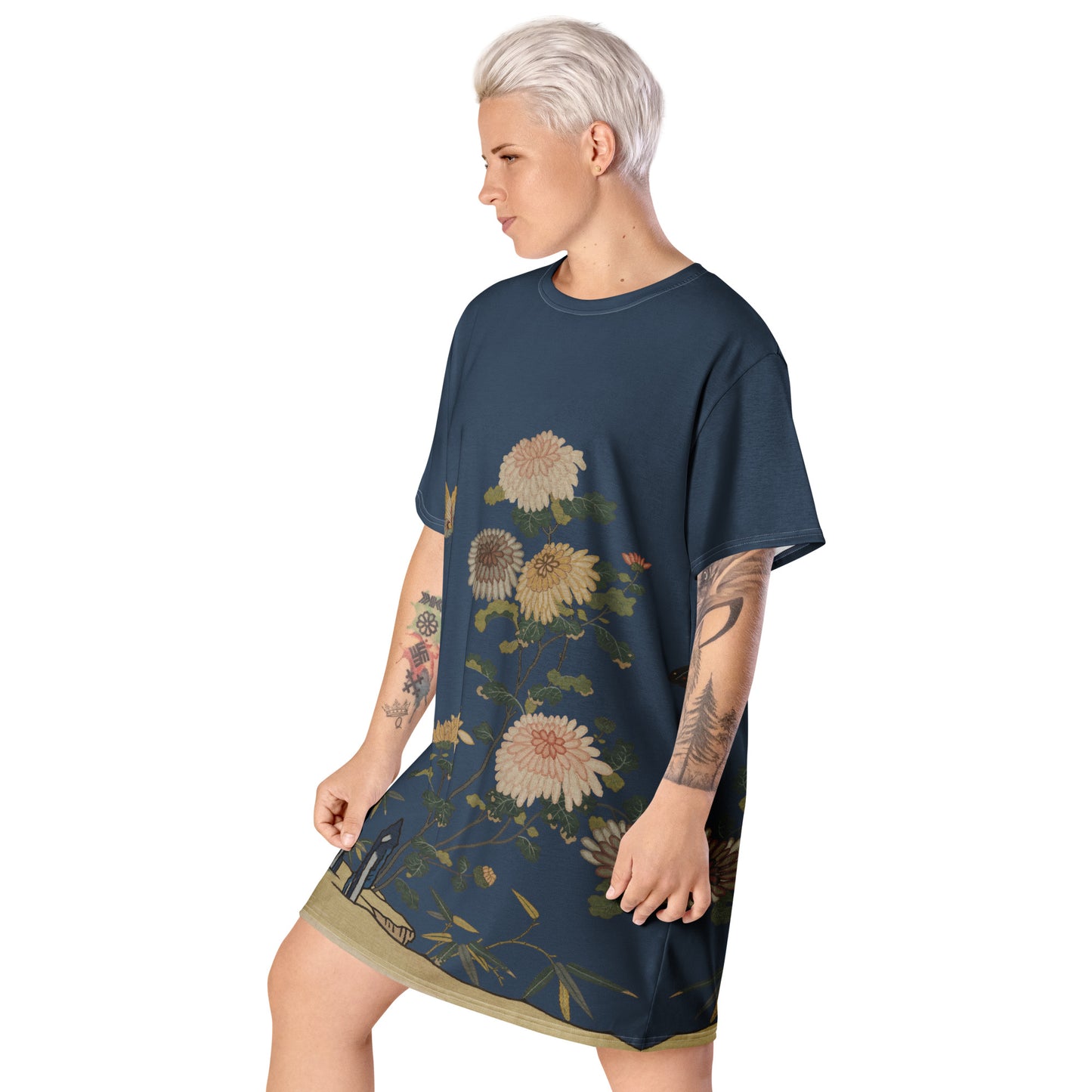 タペストリーの花｜Chrysanthemums and Butterflies｜T-shirt dress｜Dark blue