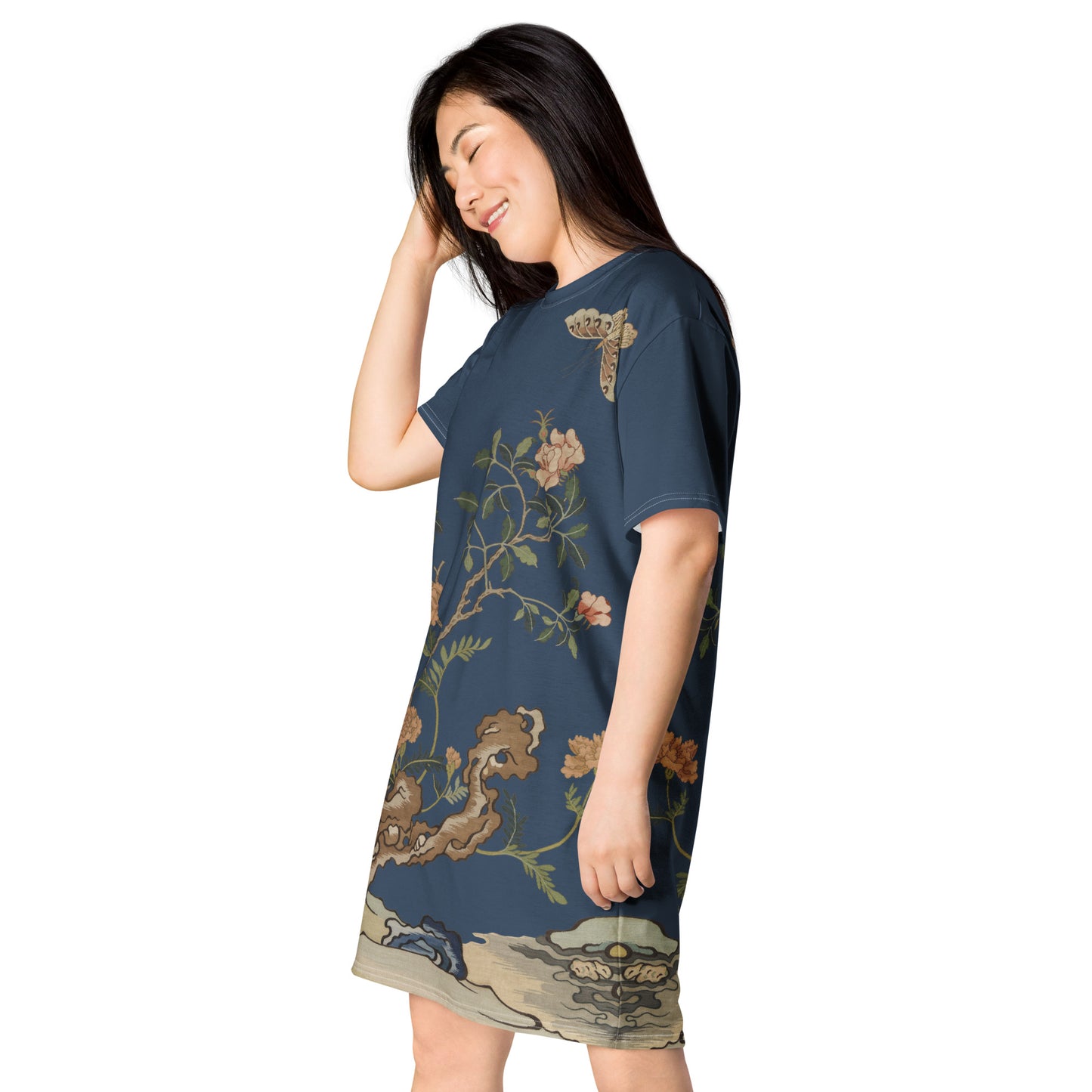 Kesi Flower Album｜Camellia and Butterfly｜T-shirt dress｜Dark blue