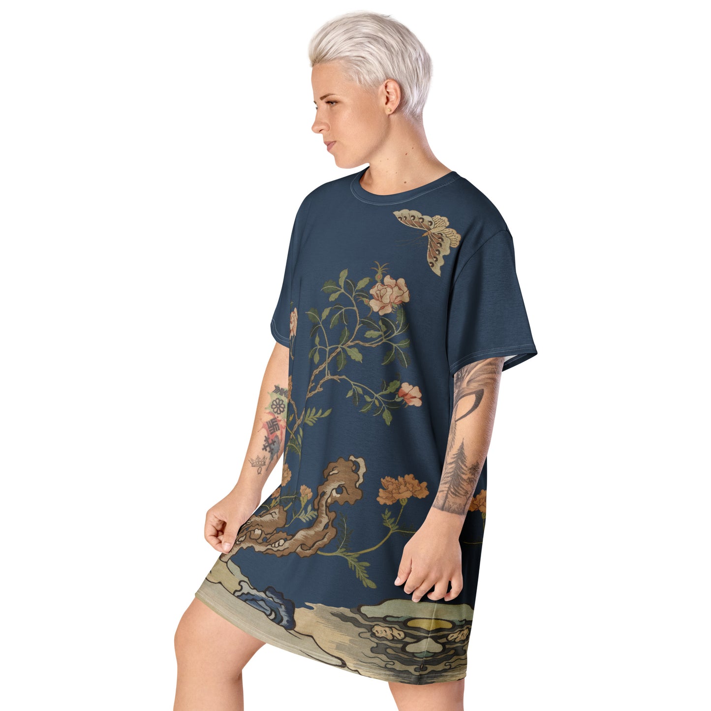 Kesi Flower Album｜Camellia and Butterfly｜T-shirt dress｜Dark blue