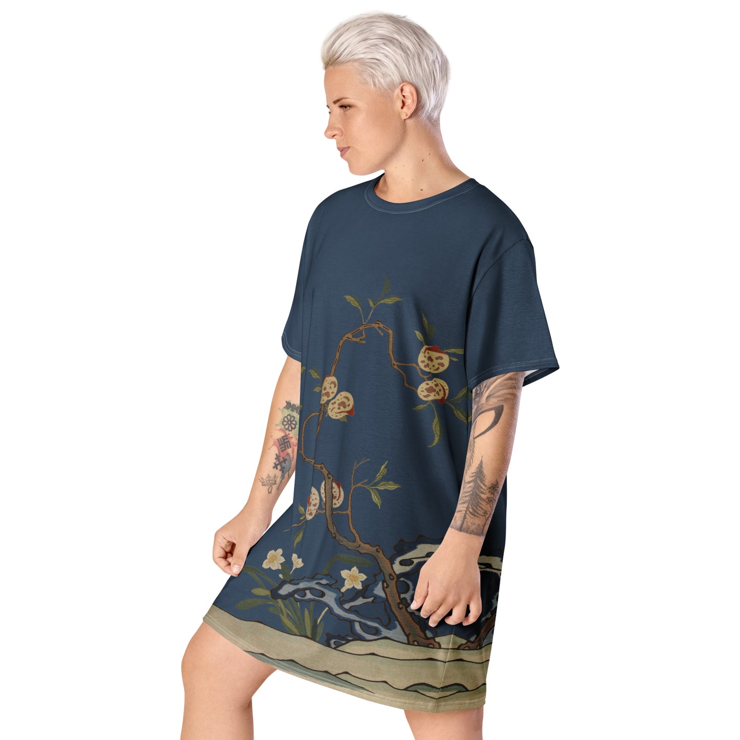 Kesi Flower Album｜Narcissus and Peaches｜T-shirt dress｜Dark blue