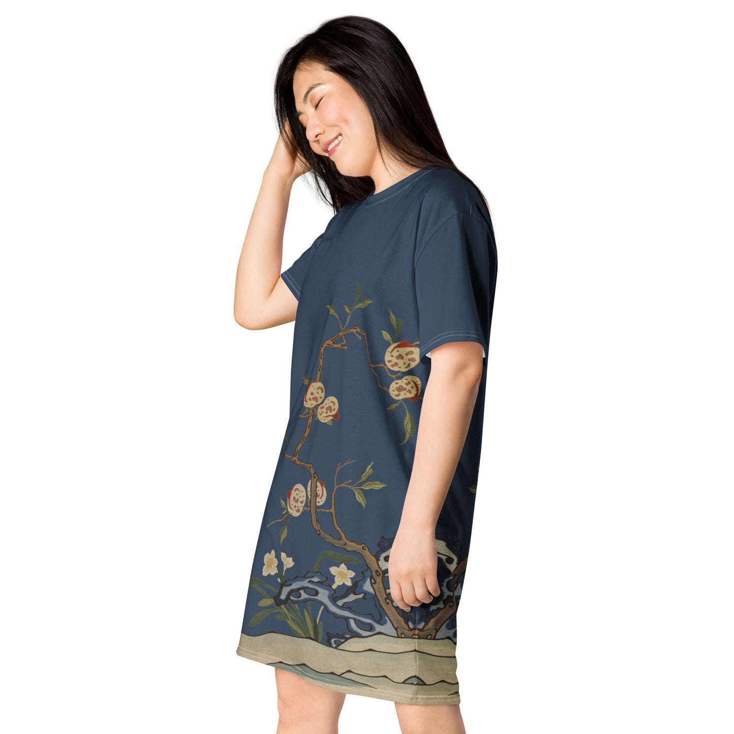 Kesi Flower Album｜Narcissus and Peaches｜T-shirt dress｜Dark blue