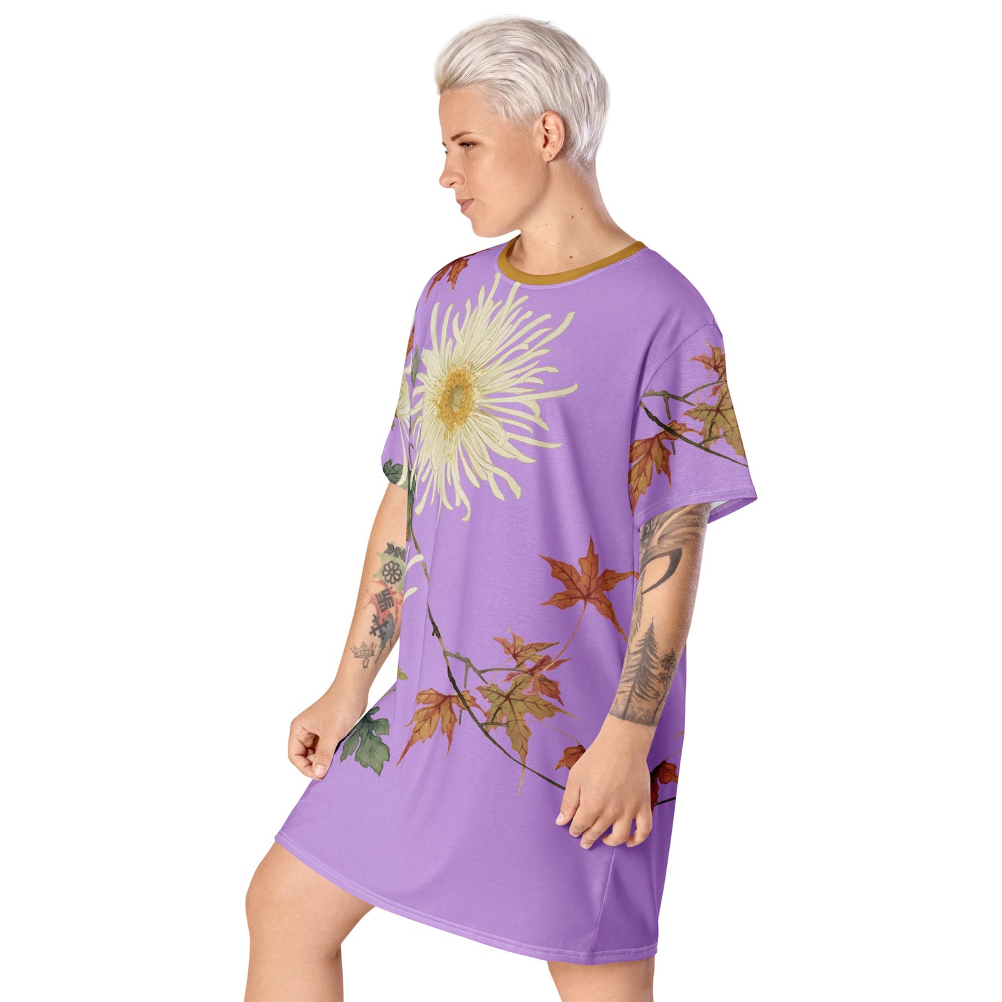 The Spirit of Flowers in Twelve Months｜Blooming Chrysanthemum and Maple Leaves｜T-shirt dress｜Lilac