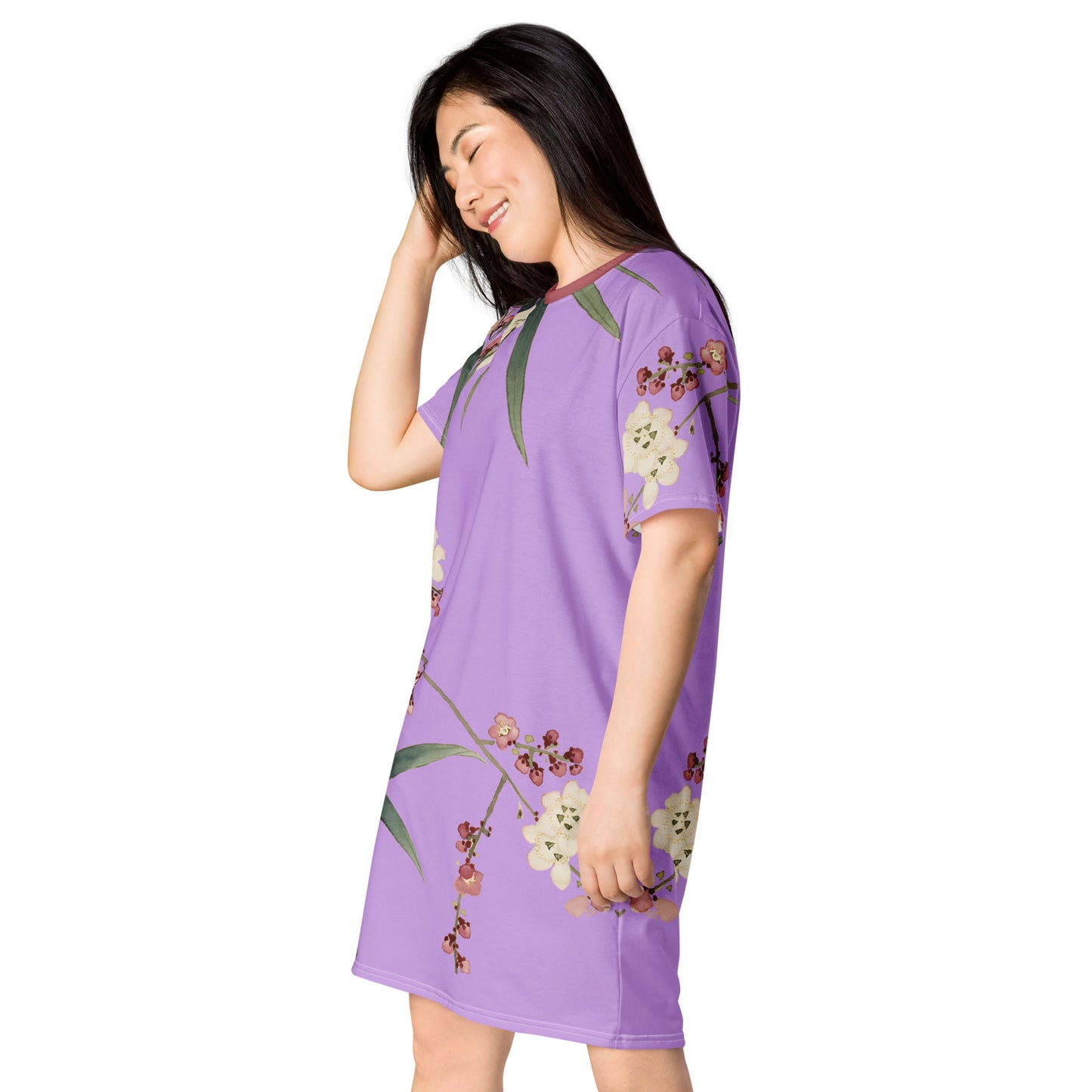 The Spirit of Flowers in Twelve Months｜Crimson Plum Blossom and Lush Green Bamboo｜T-shirt dress｜Lilac