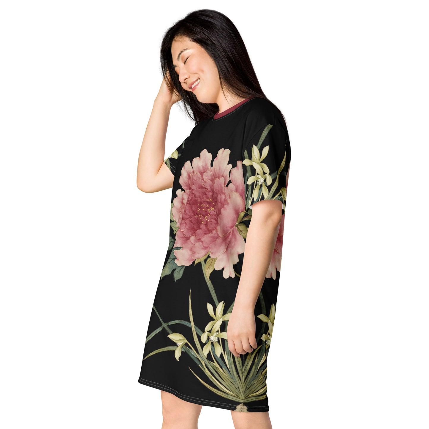 The Spirit of Flowers in Twelve Months｜Orchid and Tree Peony in Bloom｜T-shirt dress｜Black