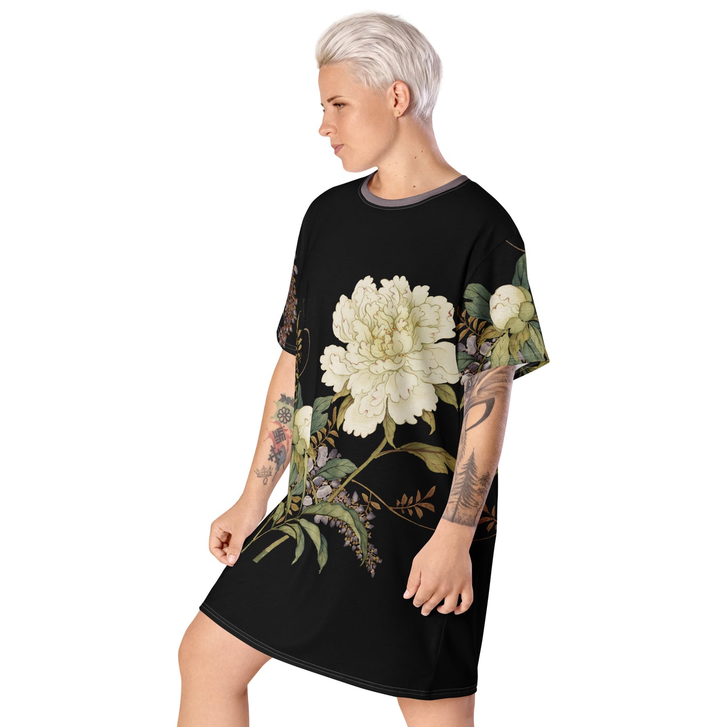 The Spirit of Flowers in Twelve Months｜Chinese Peony and Wisteria in Bloom｜T-shirt dress｜Black