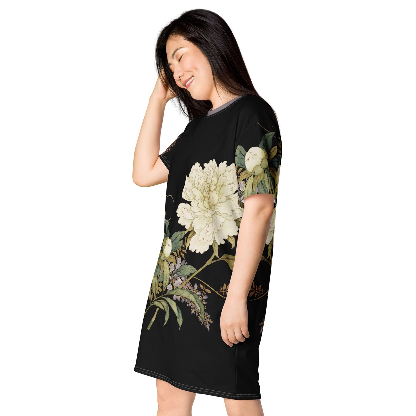 The Spirit of Flowers in Twelve Months｜Chinese Peony and Wisteria in Bloom｜T-shirt dress｜Black