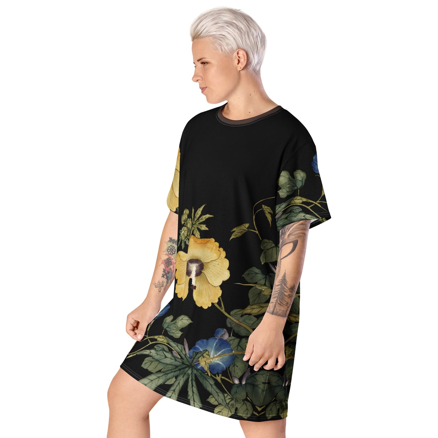 The Spirit of Flowers in Twelve Months｜Okra and White-edged Morning Glory in Bloom｜T-shirt dress｜Black