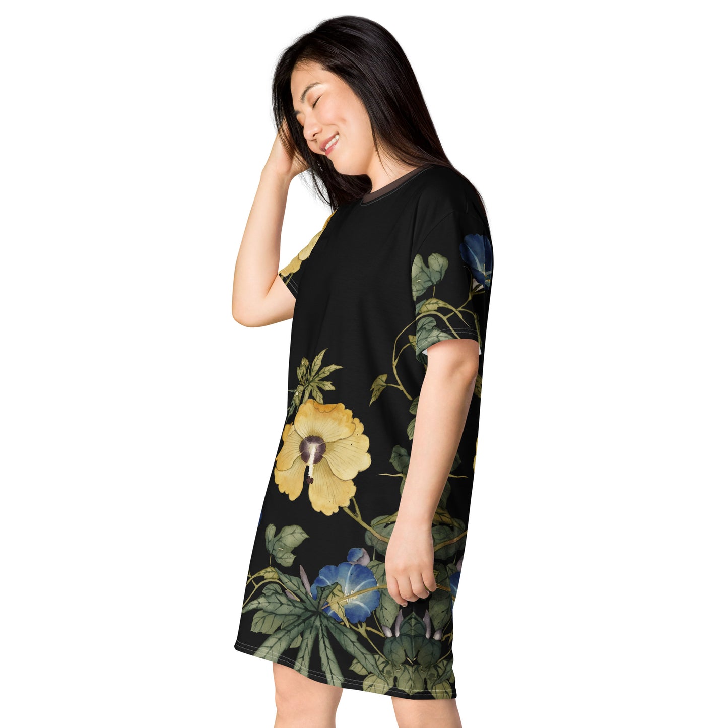 The Spirit of Flowers in Twelve Months｜Okra and White-edged Morning Glory in Bloom｜T-shirt dress｜Black